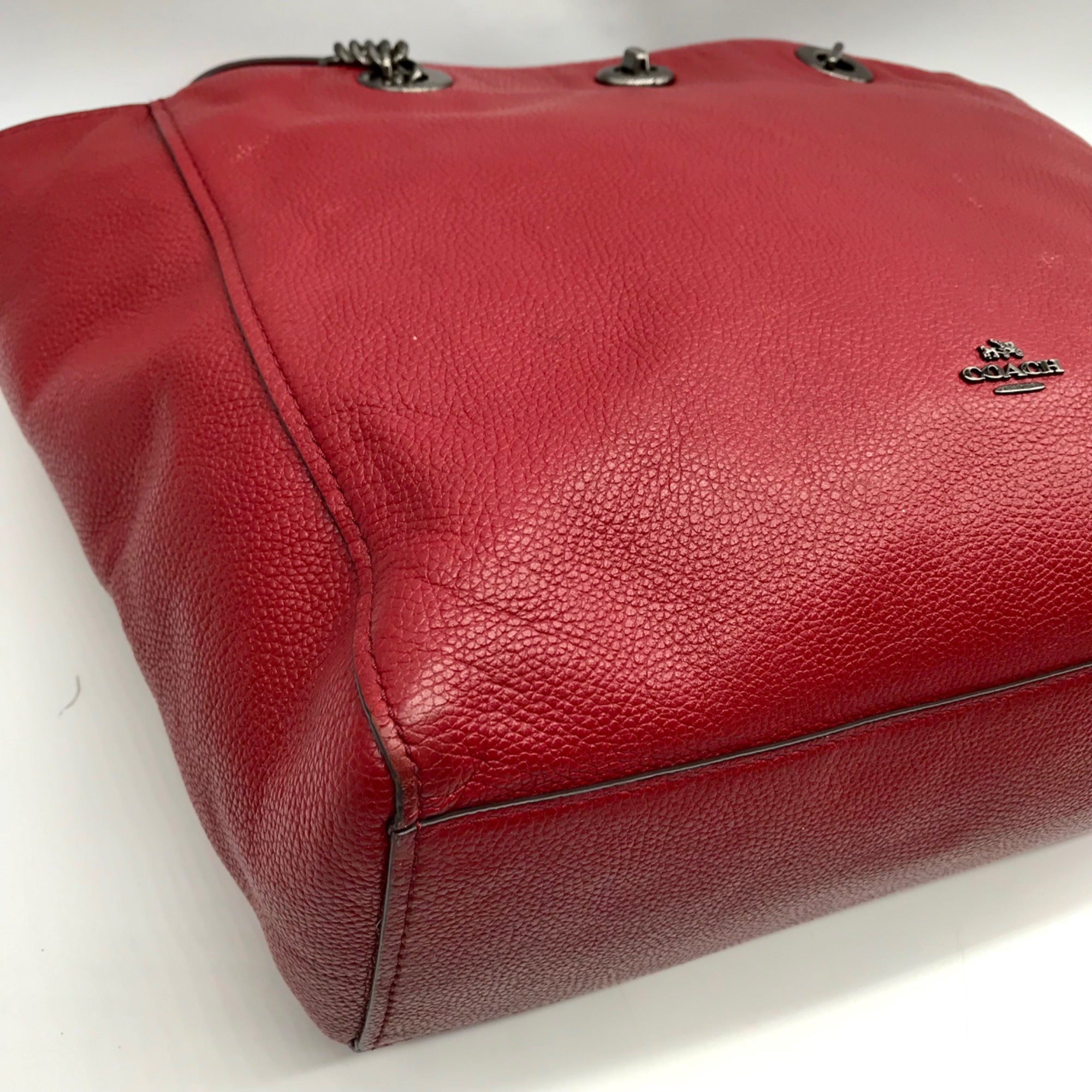 Coach Dark Red Pebbled Leather Turnlock Chain Tote Bag 56830