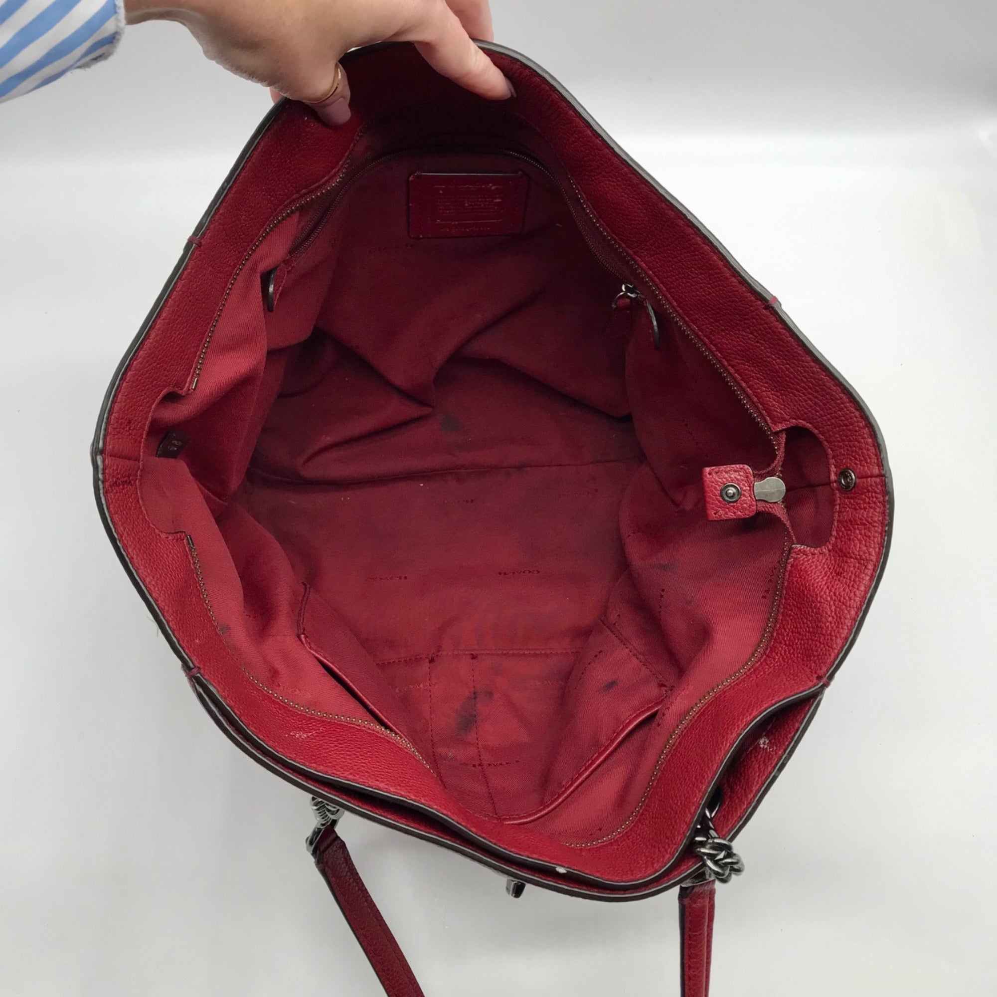 Coach Dark Red Pebbled Leather Turnlock Chain Tote Bag 56830