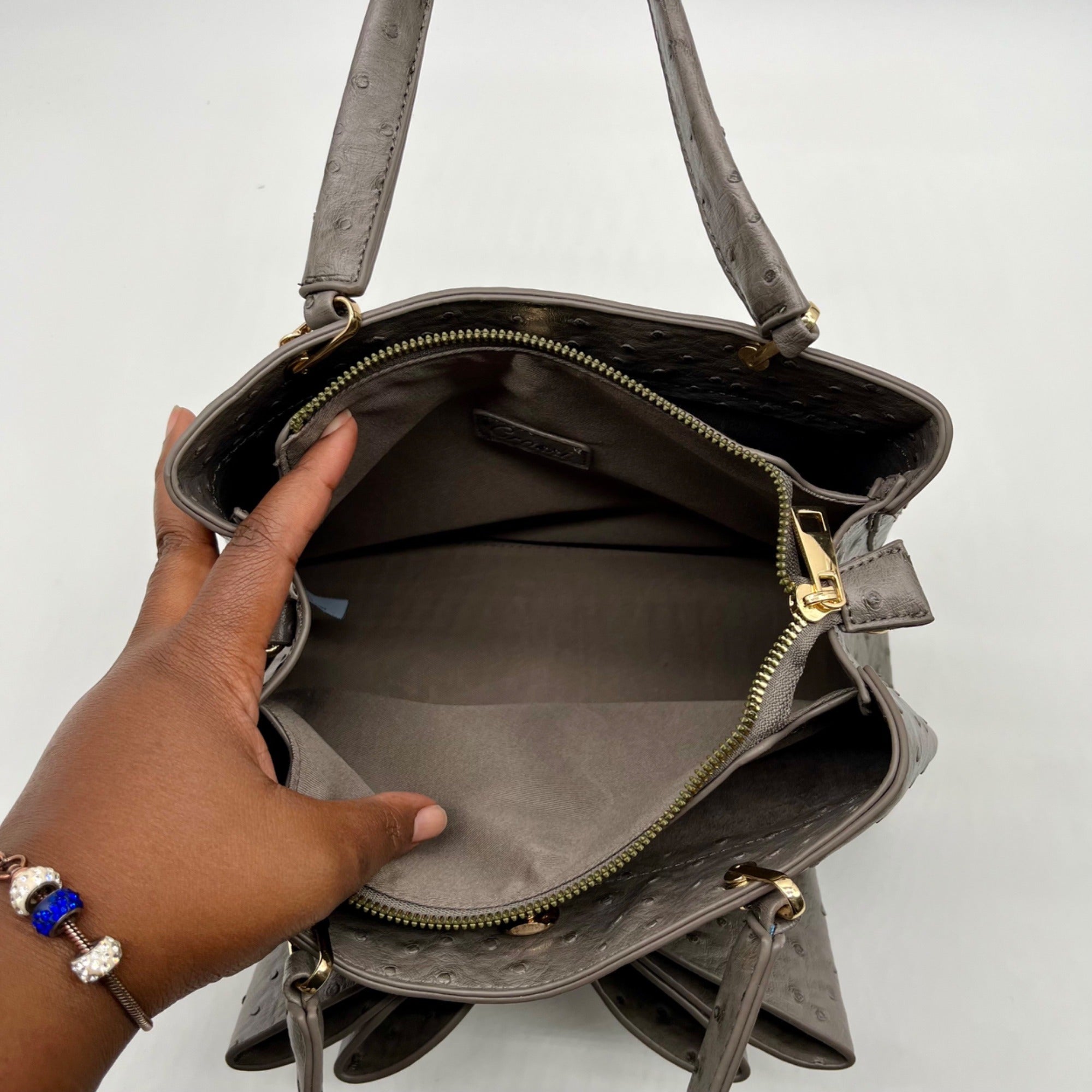 Grossi Grey Faux Leather Ostrich-Textureed Tote Bag