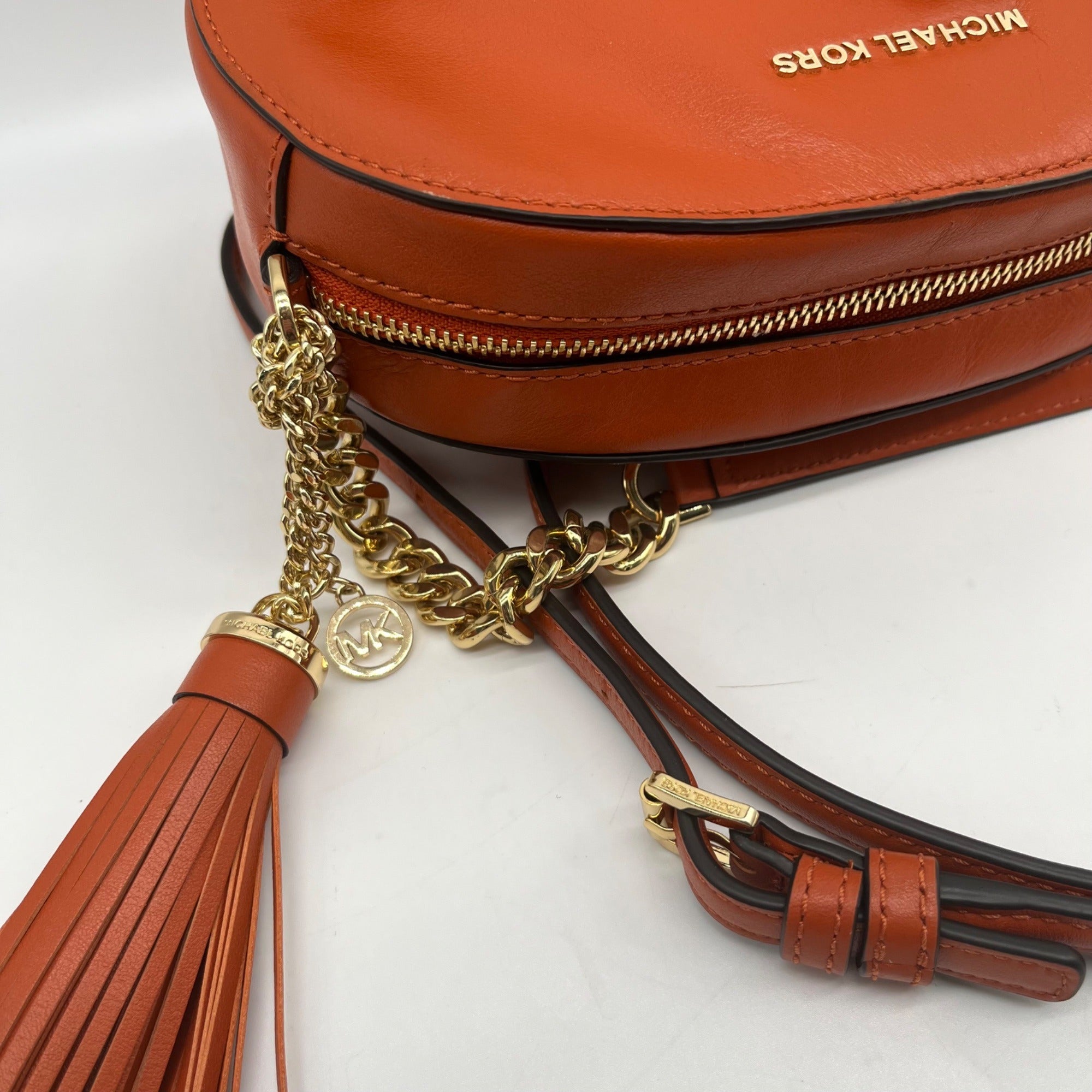 Michael Kors Burnt Orange Leather Floral Applique Crossbody Bag