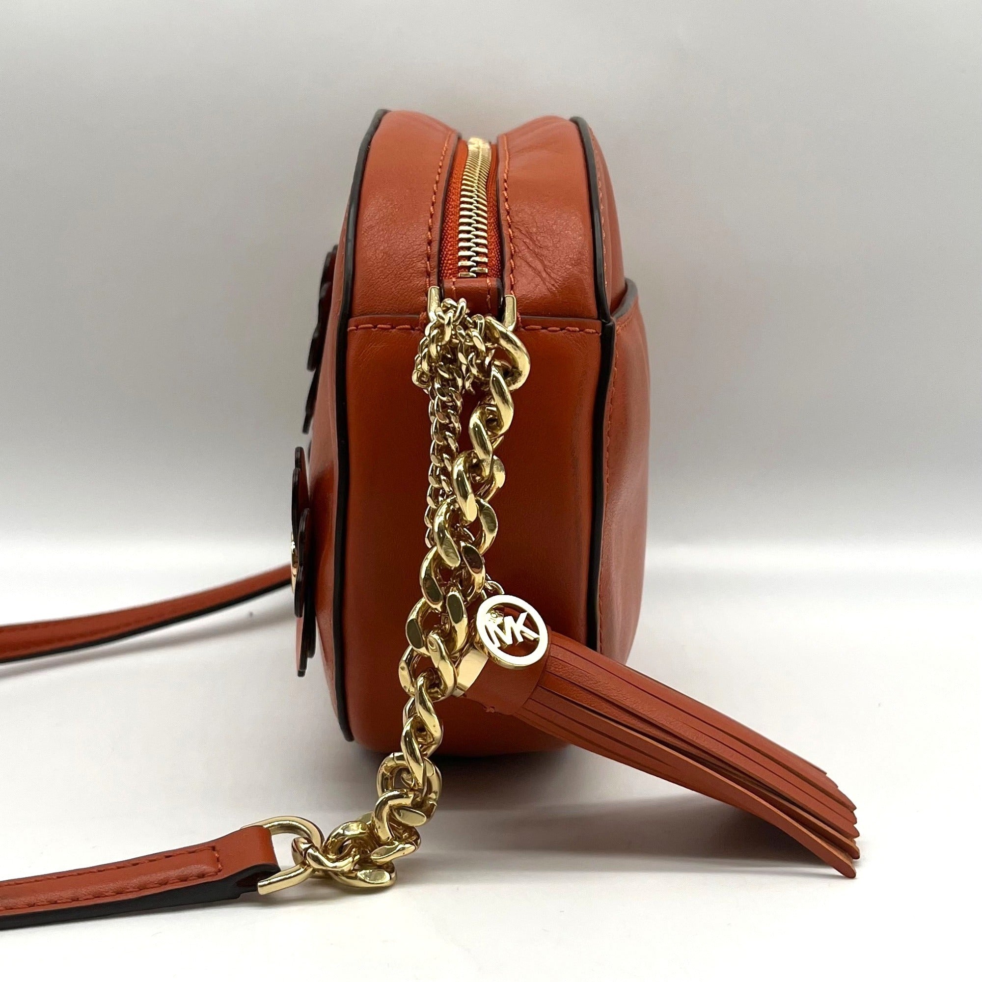 Michael Kors Burnt Orange Leather Floral Applique Crossbody Bag