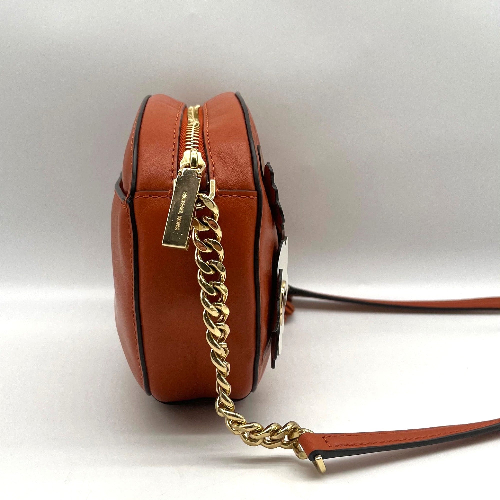 Michael Kors Burnt Orange Leather Floral Applique Crossbody Bag