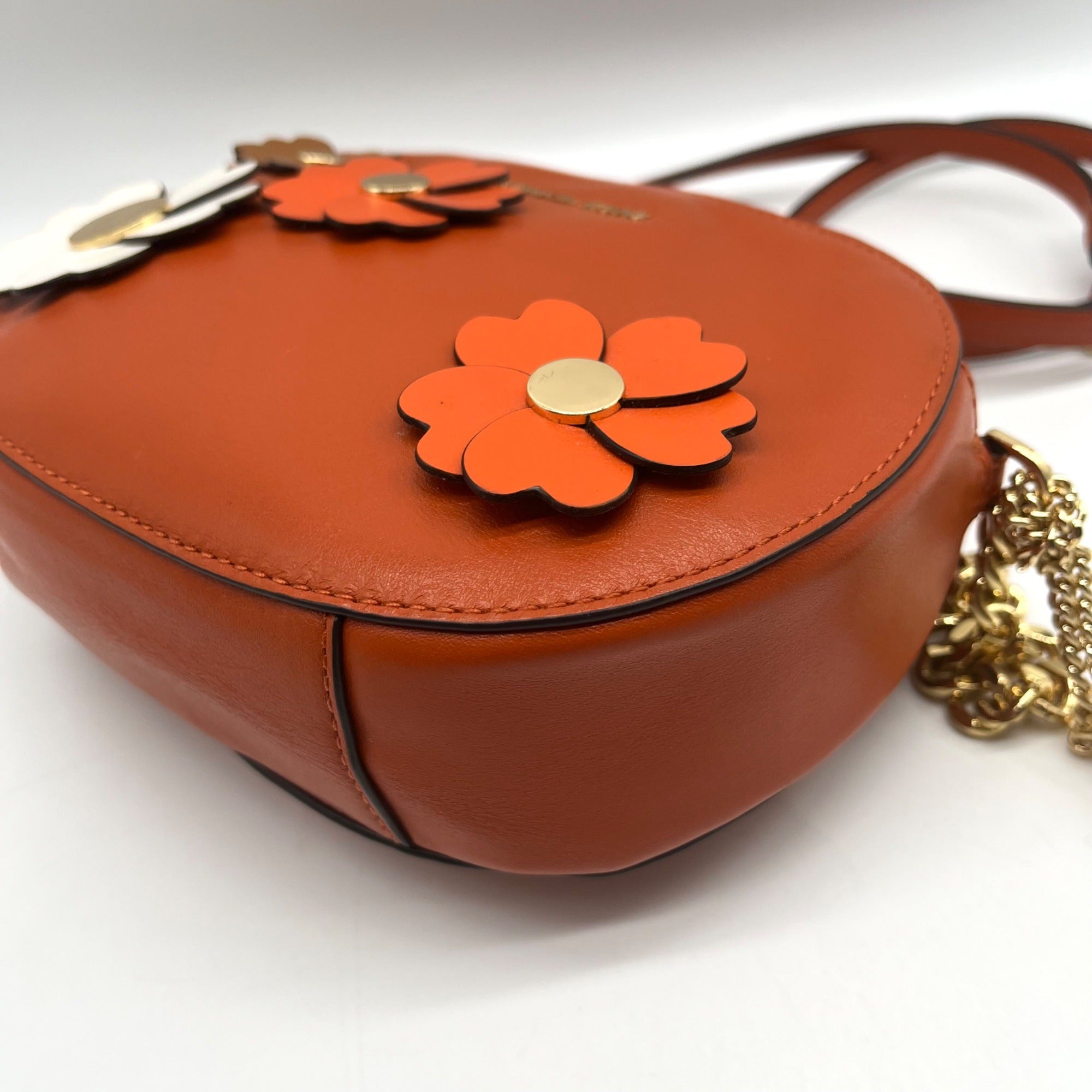 Michael Kors Burnt Orange Leather Floral Applique Crossbody Bag
