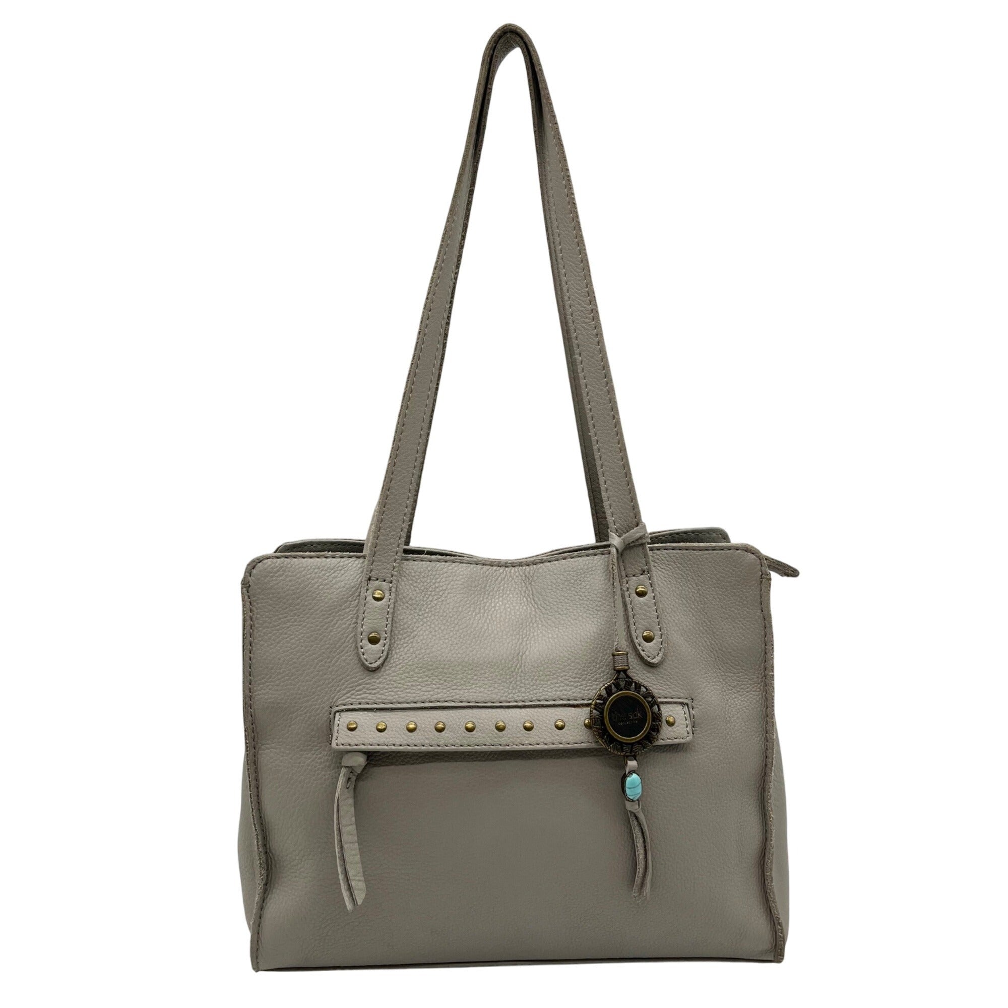The Sak Gray Leather Tote Bag With Decorative Turquoise Stone Charm