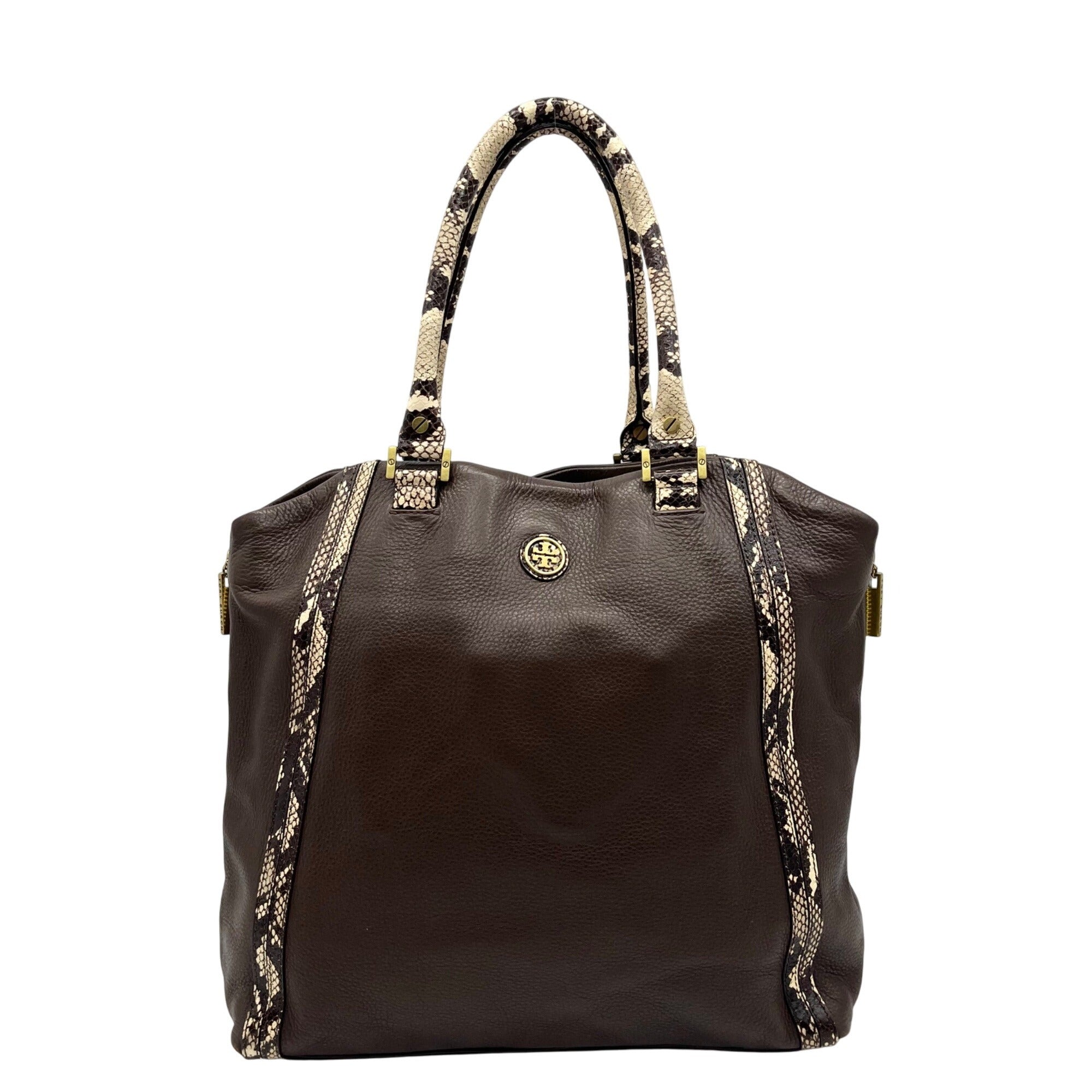 Tory Burch Brown Pebbled Leather Snake Embossed Tote Bag 