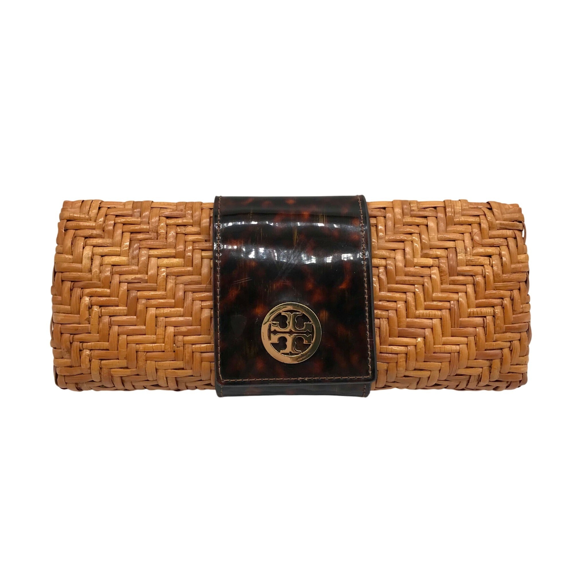 Tory Burch Brown Straw And Patent Leather Rattan Clutch 