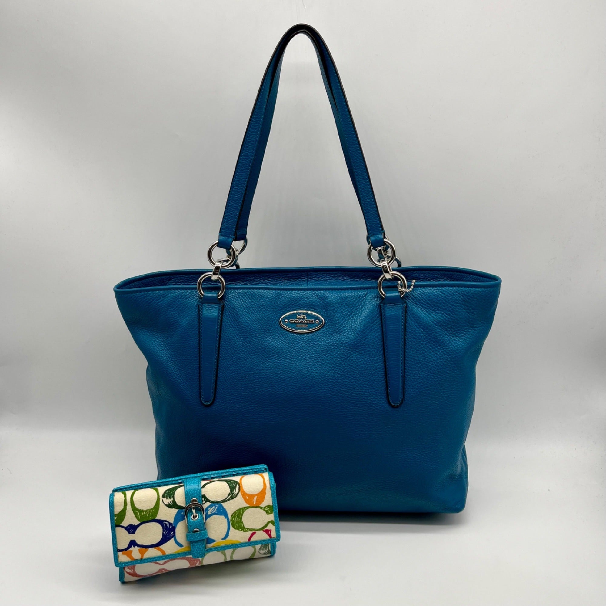 Coach Blue Pebbled Leather Tote Bag With Wallet
