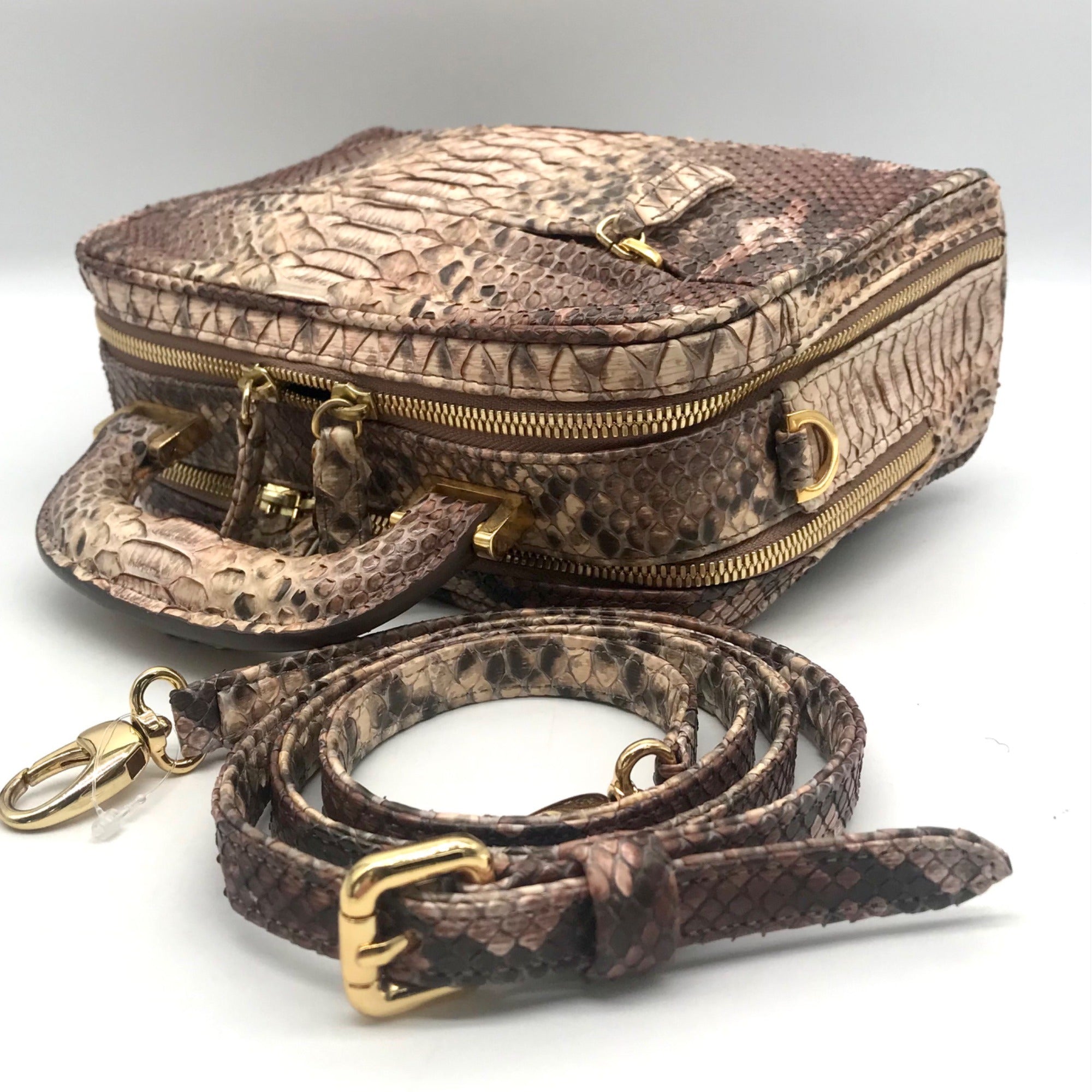 Suarez New York Tan Python Double Zip Crossbody Bag