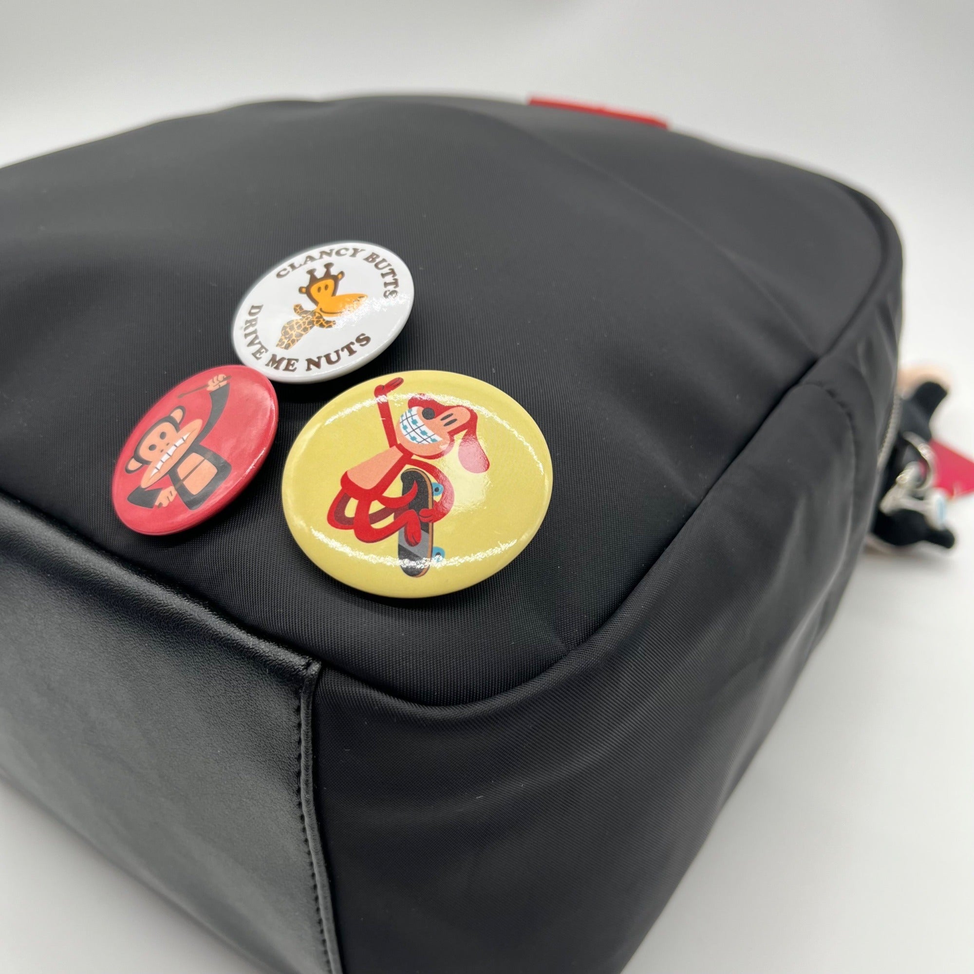 Paul Frank Black Nylon Backpack W/ Monkey Charm and Three Pins