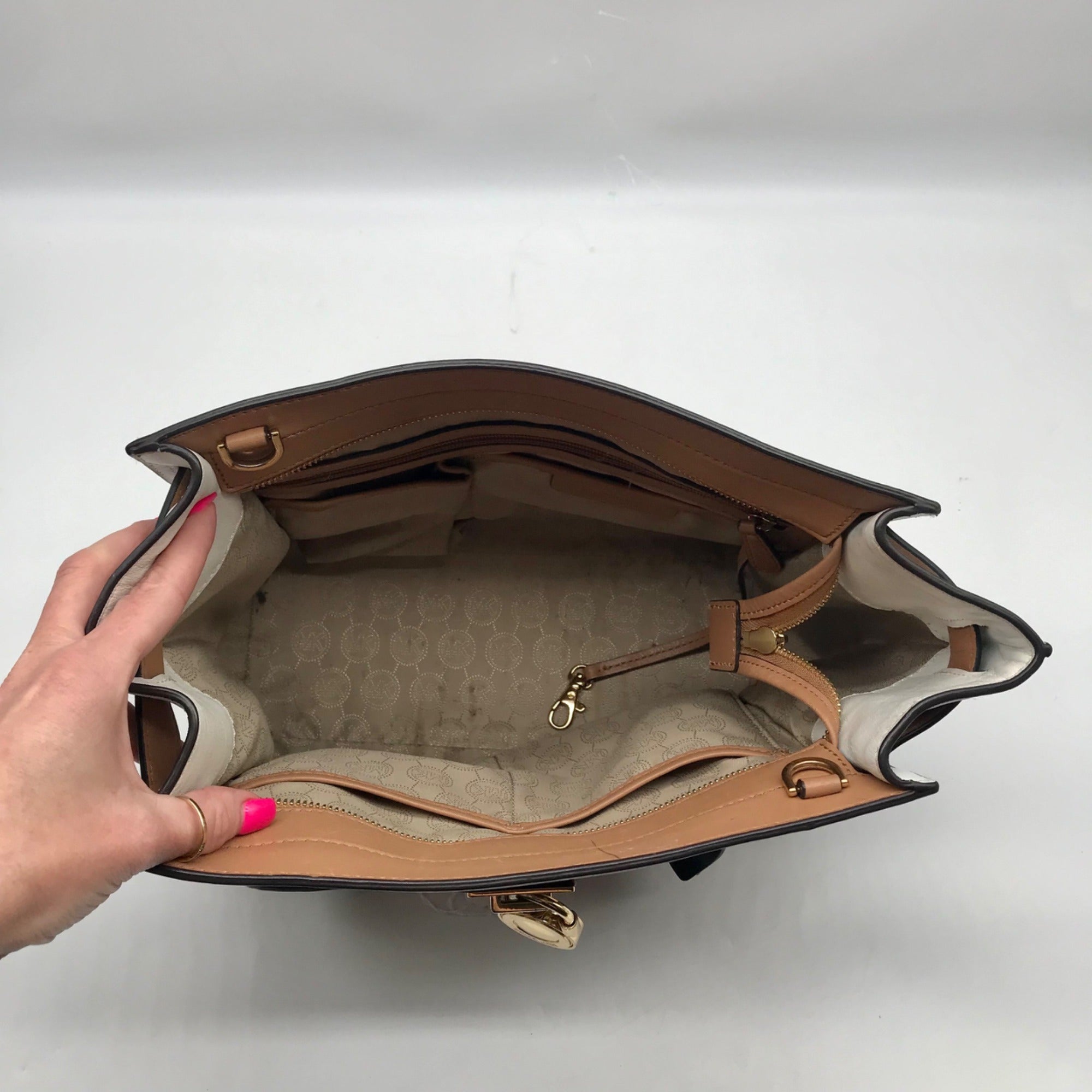 Michael Kors Brown And White Leather Hamilton Satchel Bag