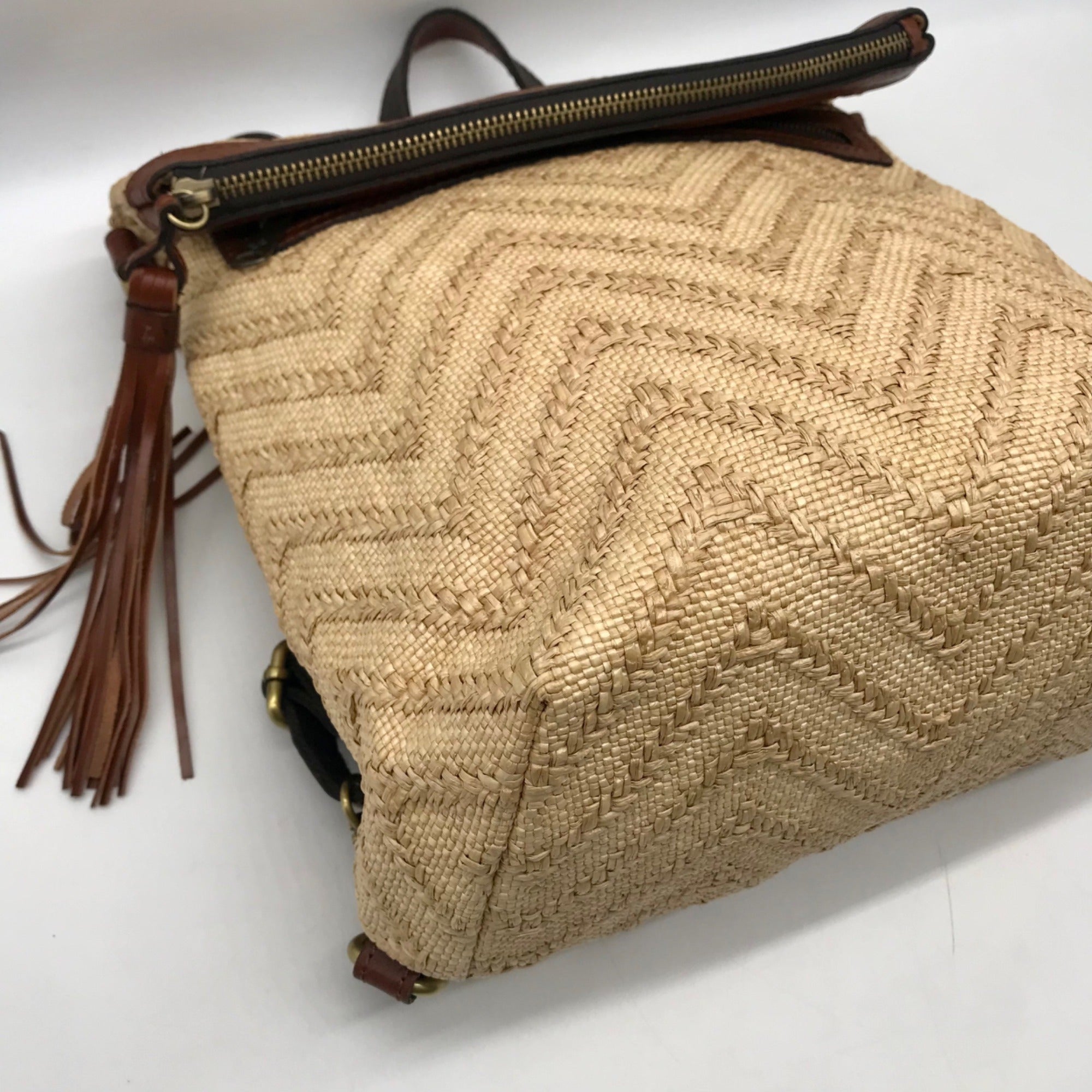 Patricia Nash Beige Raffia And Leather Luzille Convertible Backpack