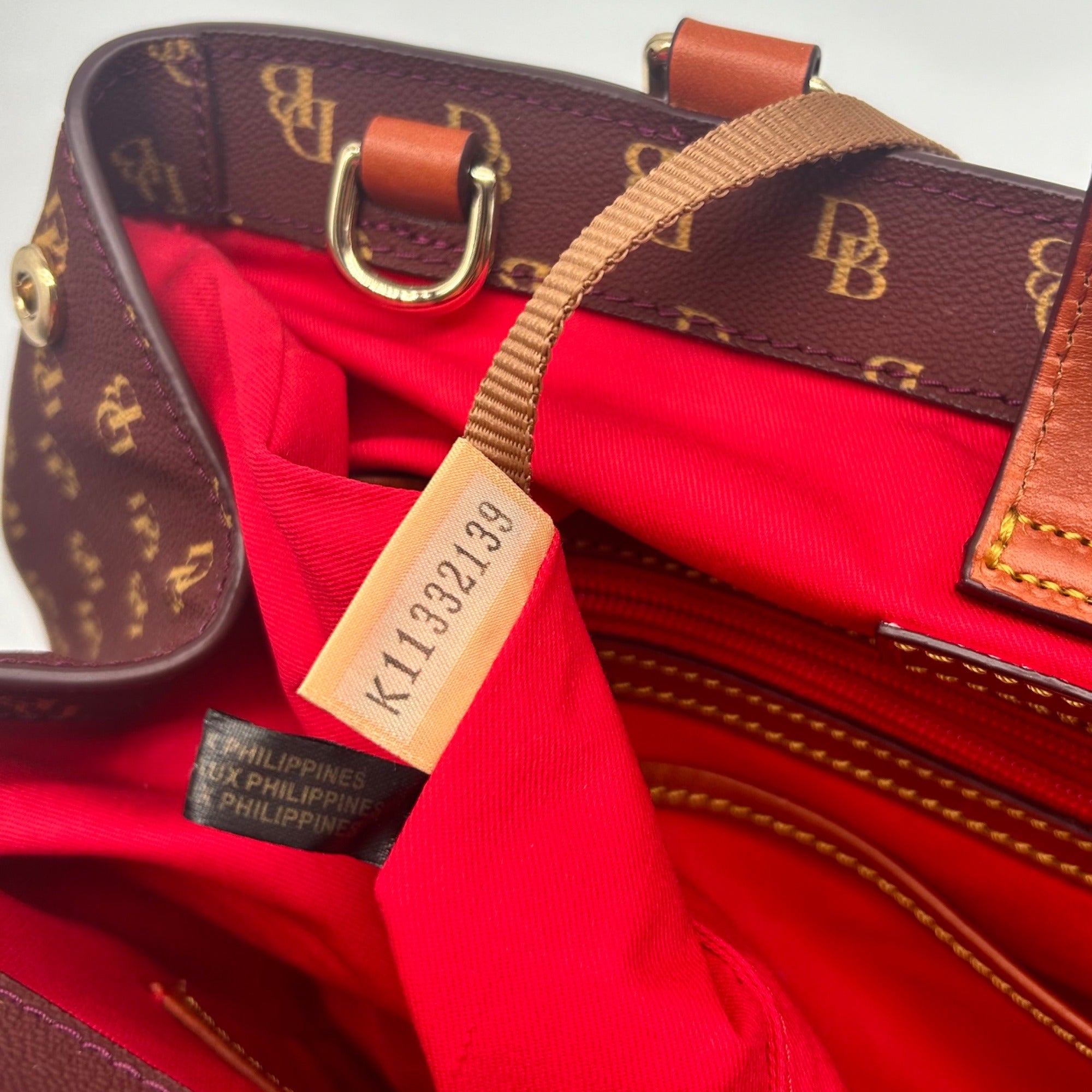 Dooney &amp; Bourke Burgundy Monogram Coated Canvas Gretta Zip Satchel