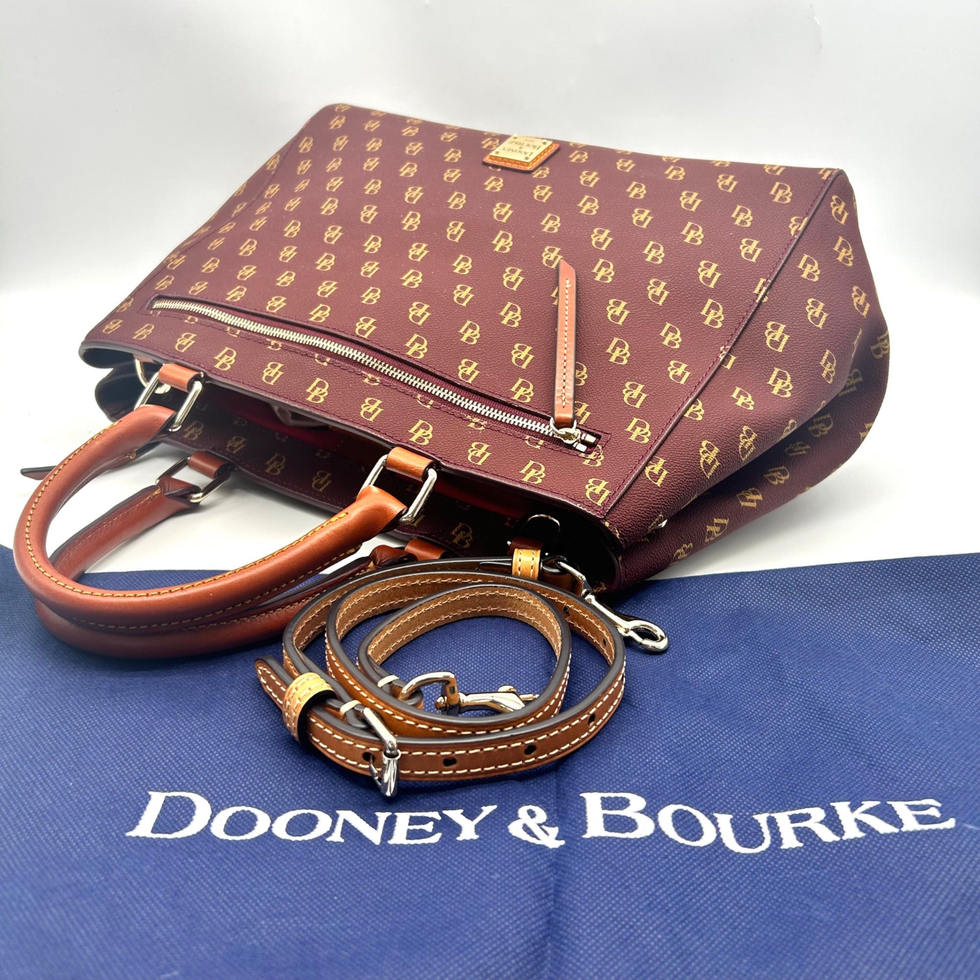 Dooney &amp; Bourke Burgundy Monogram Coated Canvas Gretta Zip Satchel