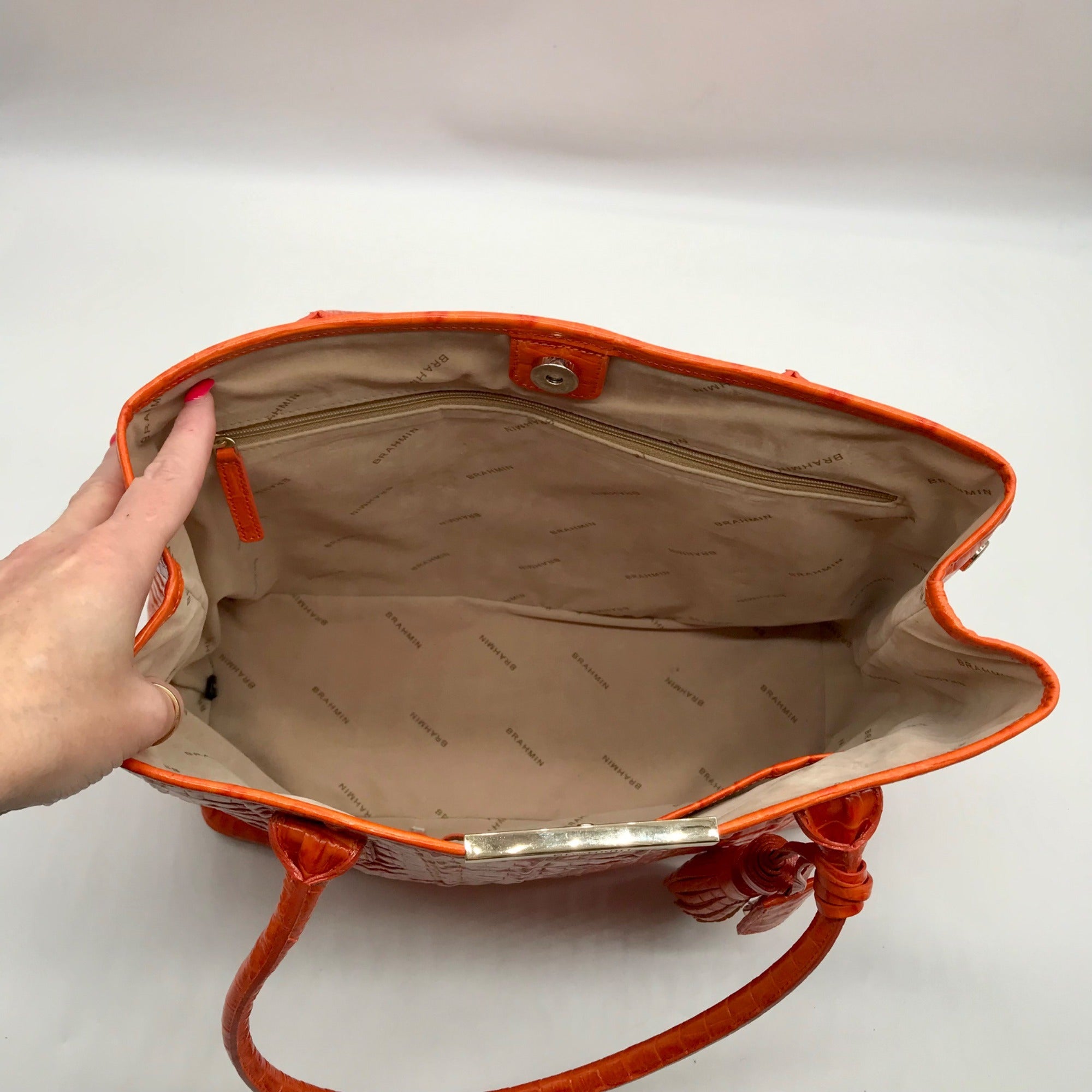 Brahmin Mango Orange Melbourne Leather Crooc Embossed Tonya Tote Bag