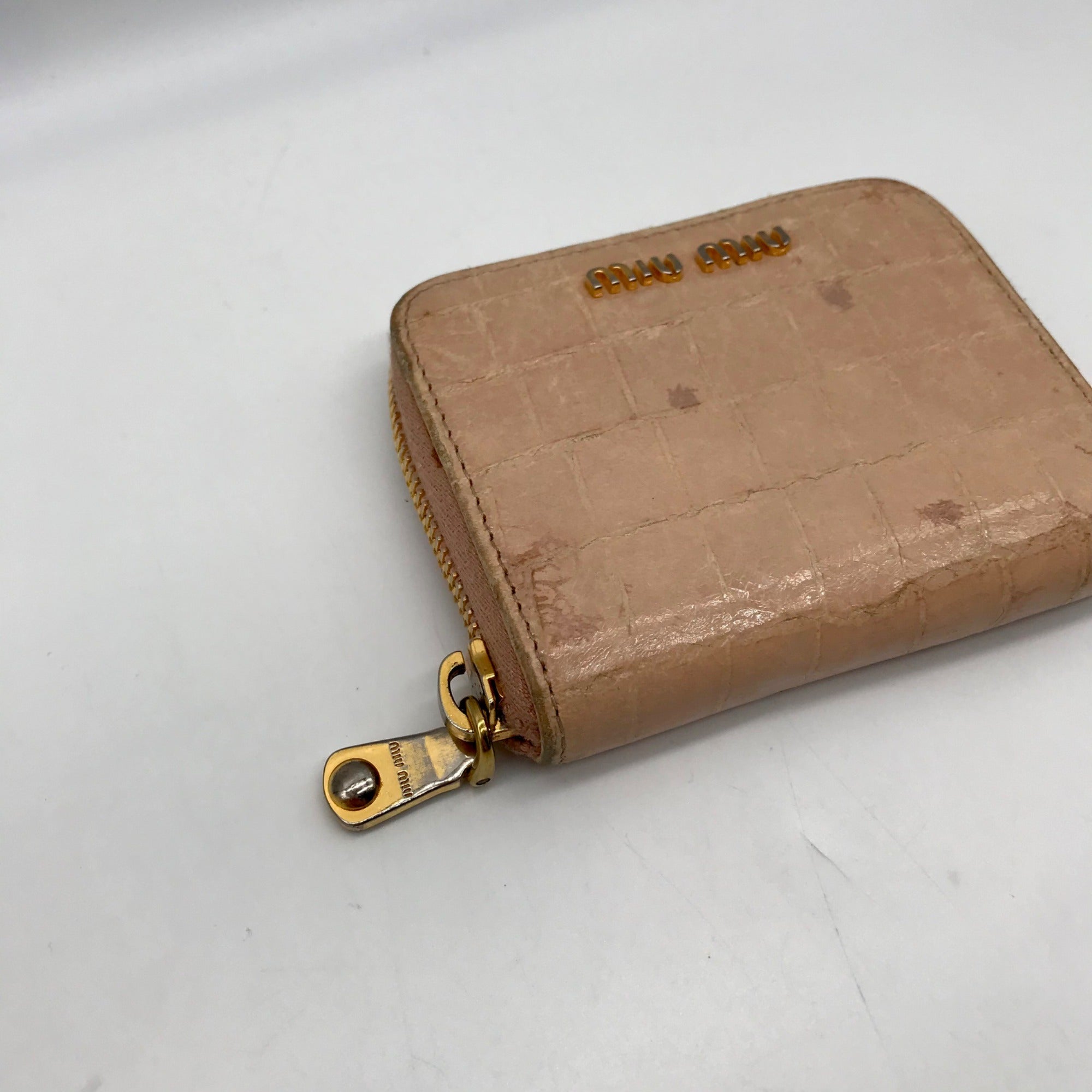 Mui Mui Beige Crocodile Print Bi-Fold Wallet