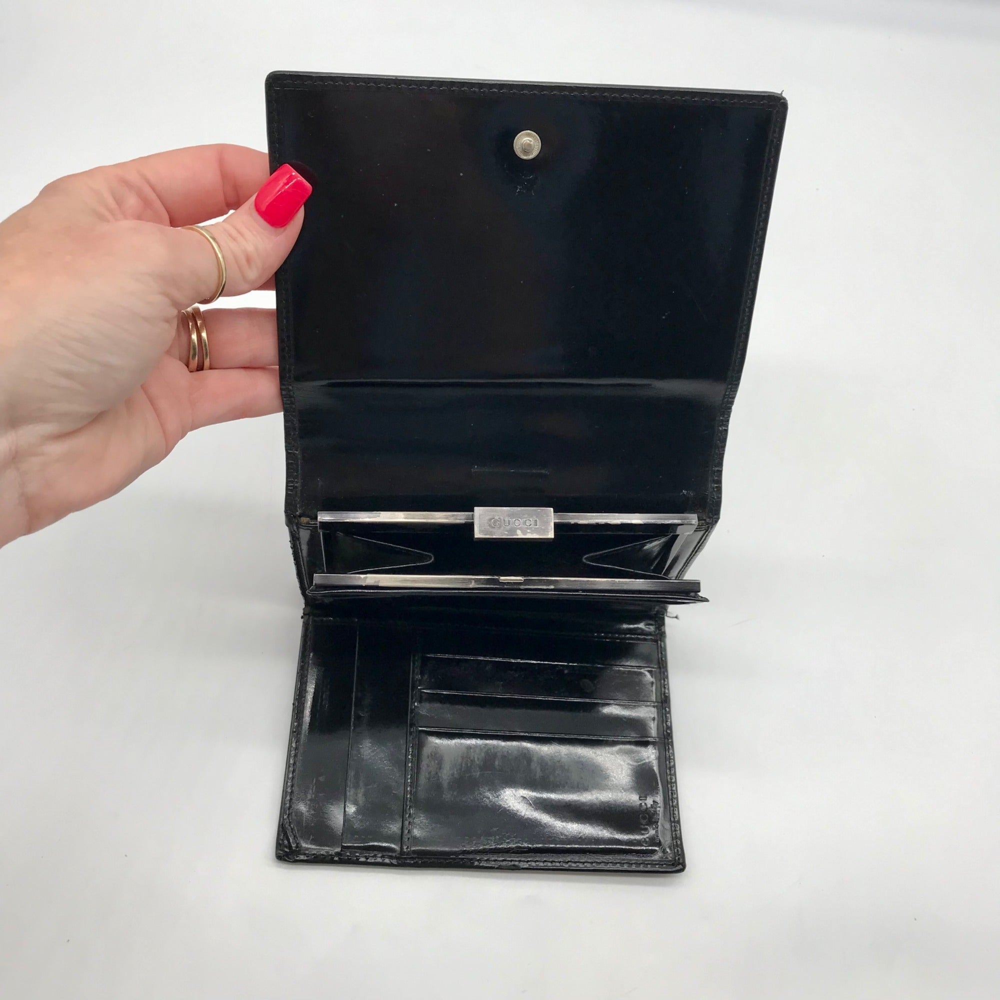 Gucci Black Patent Leather Tri-Fold Embossed Wallet