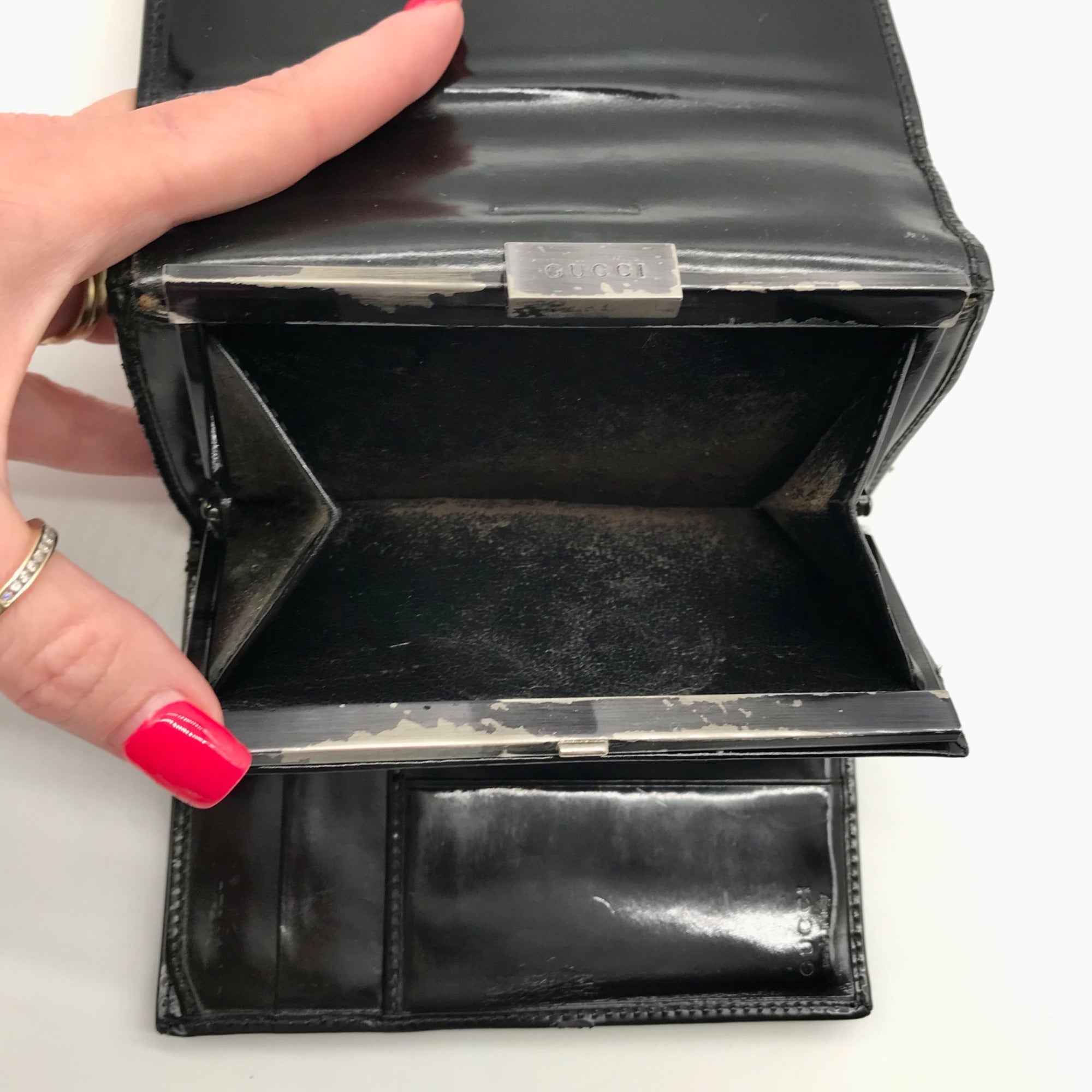 Gucci Black Patent Leather Tri-Fold Embossed Wallet