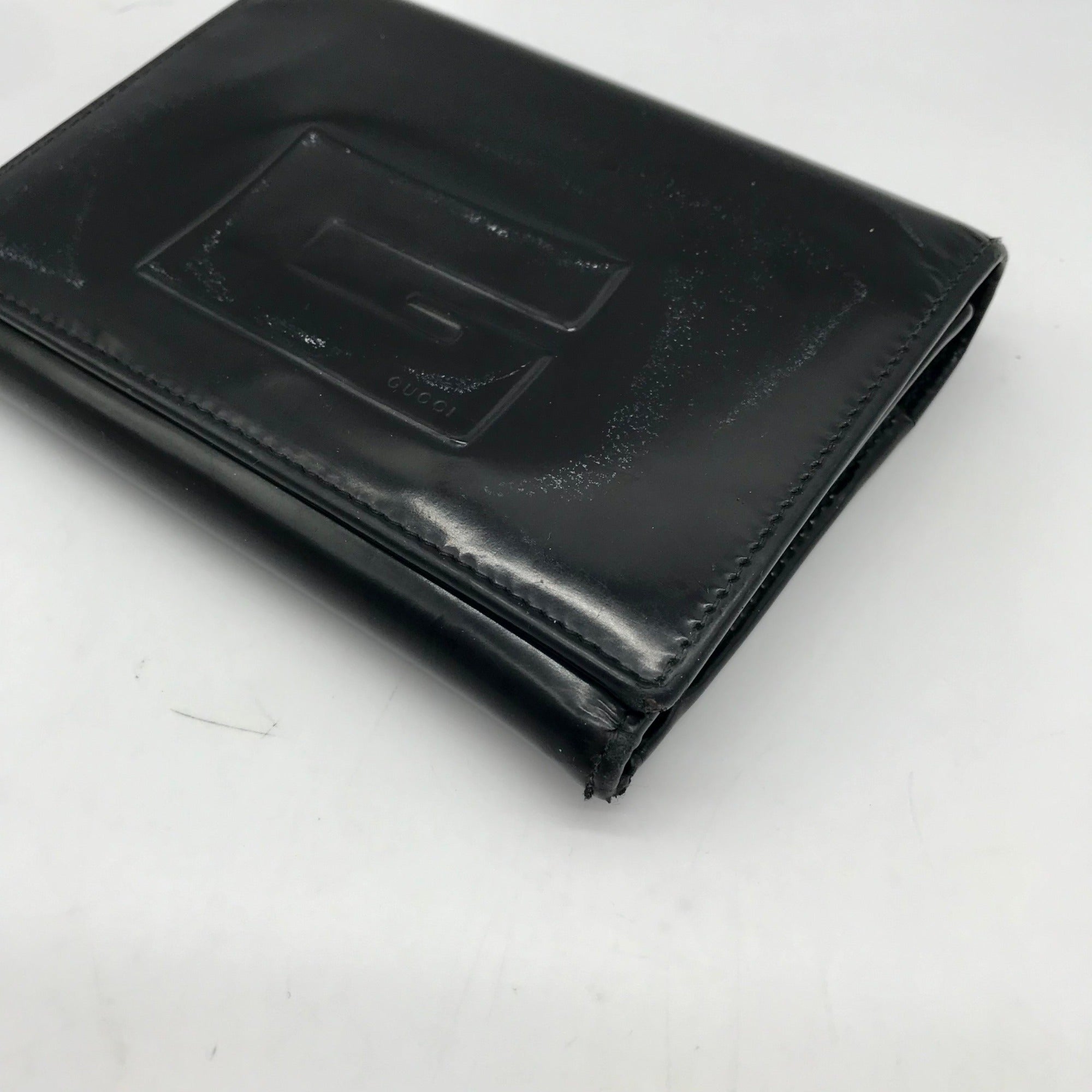 Gucci Black Patent Leather Tri-Fold Embossed Wallet