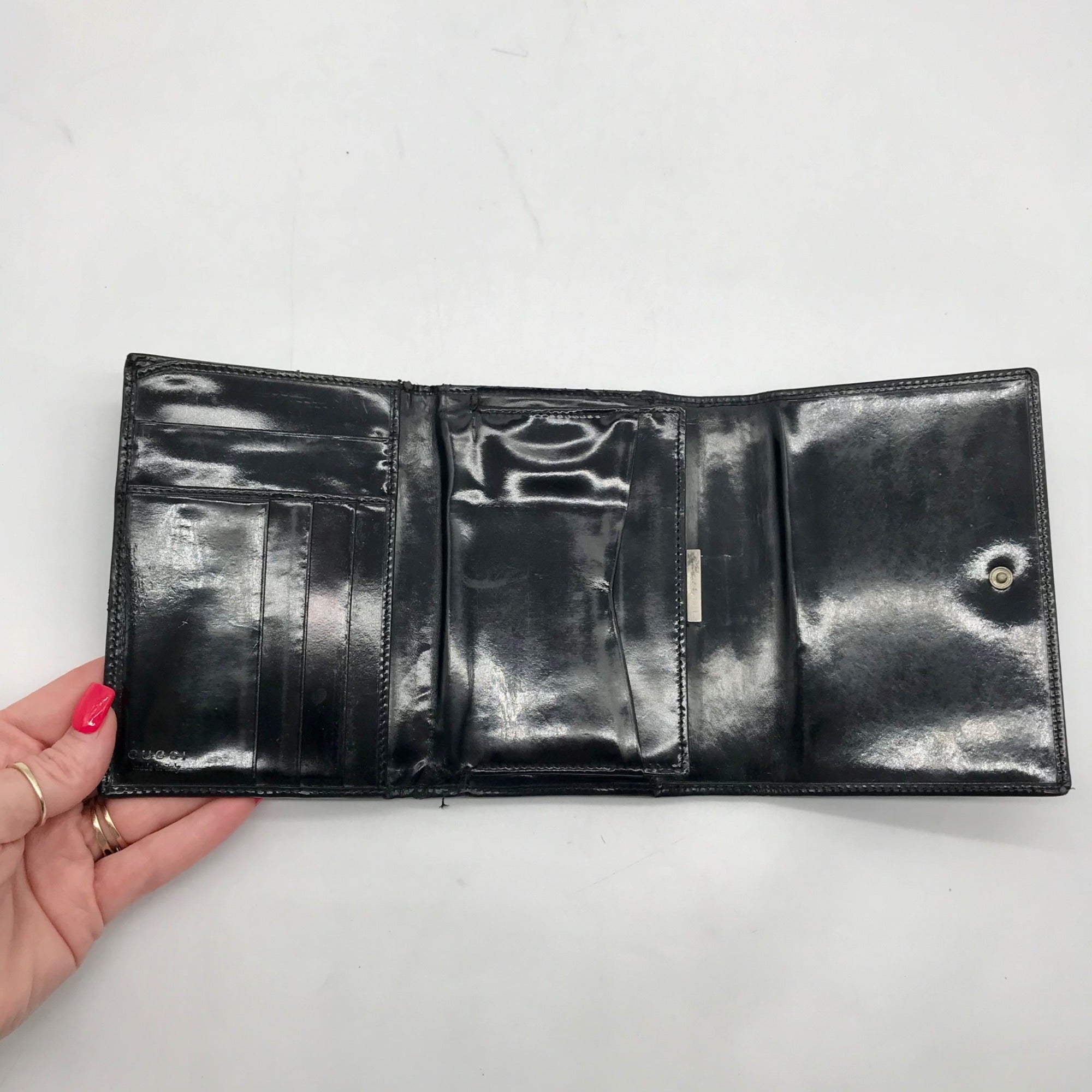 Gucci Black Patent Leather Tri-Fold Embossed Wallet