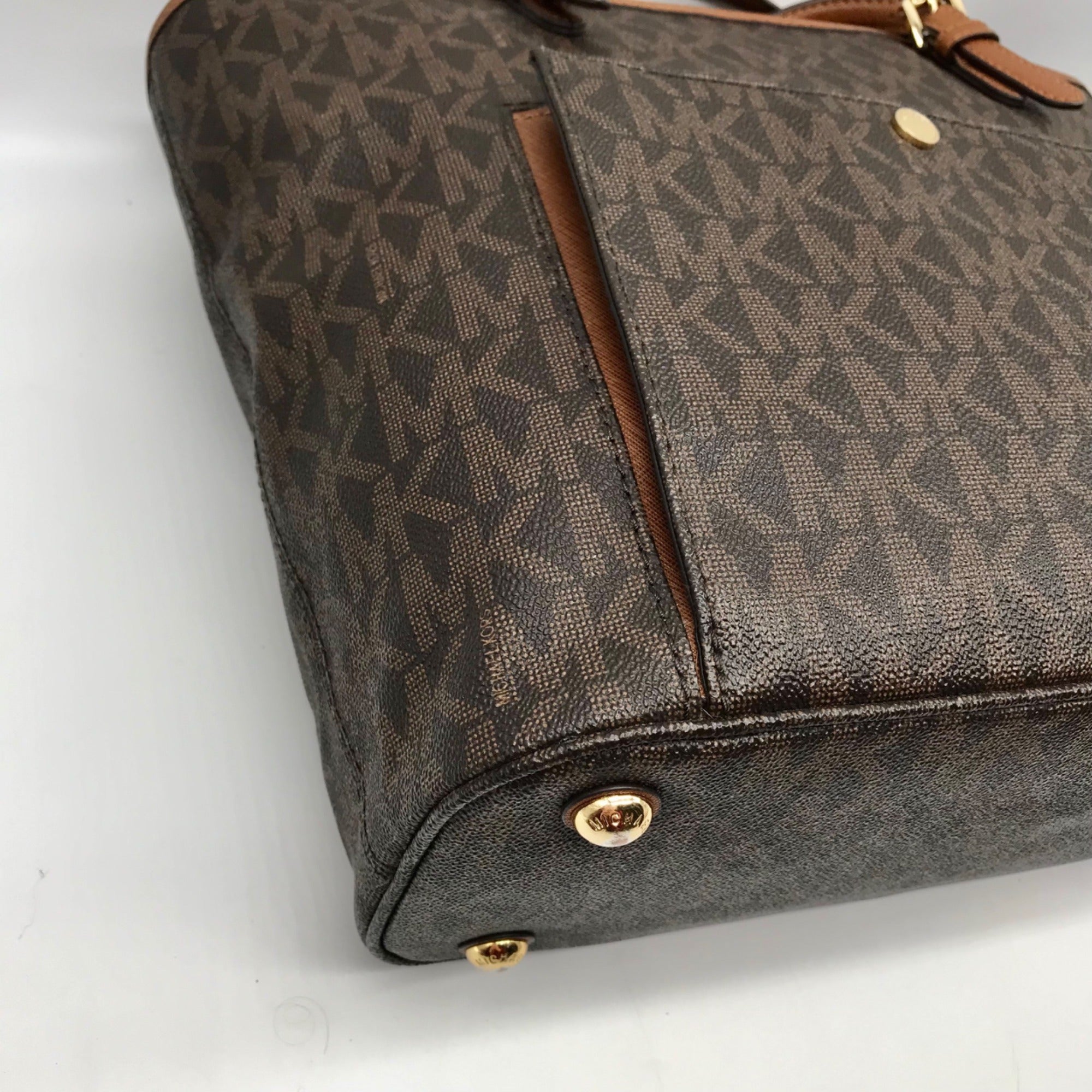 Michael Kors Brown Monogram Canvas Jet Set Logo Pocket Tote Bag