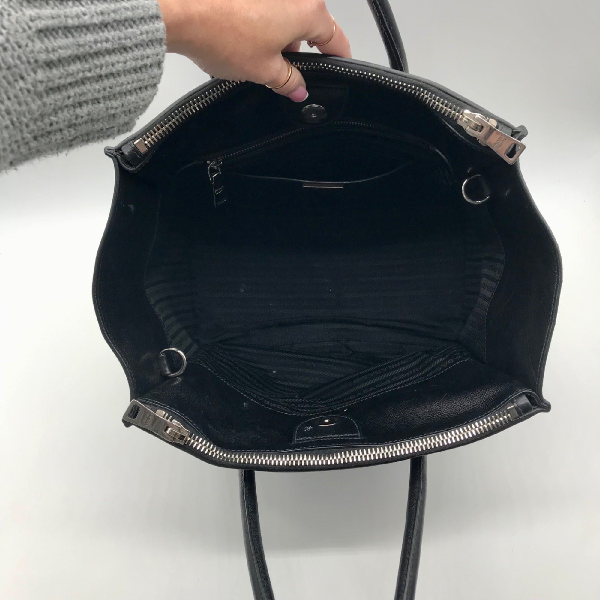 Prada Black Leather Glace Calf Twin Pocket Tote Bag