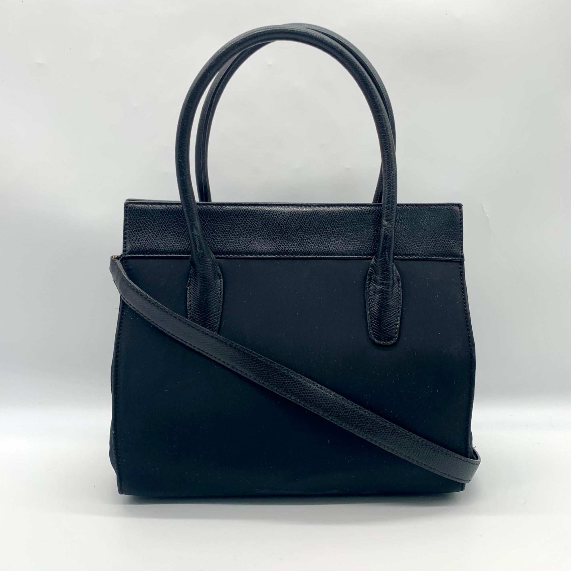 Donna Karan Black Satin &amp; Embossed Leather Trim Crossbody Tote