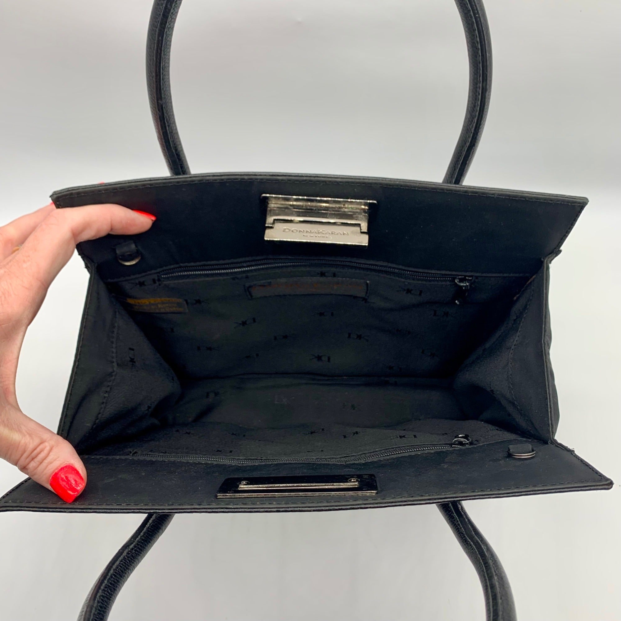 Donna Karan Black Satin &amp; Embossed Leather Trim Crossbody Tote