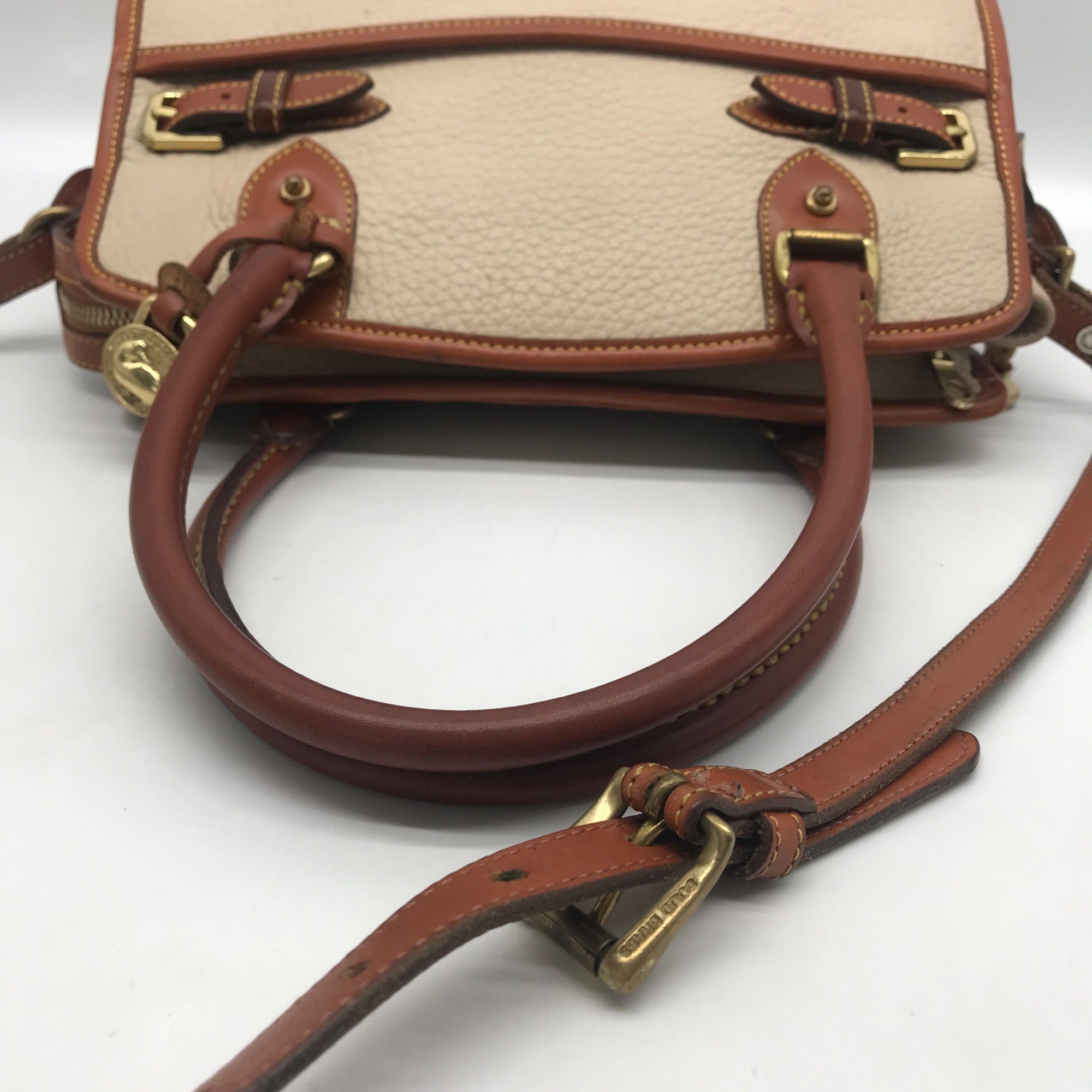 Dooney &amp; Bourke AWL Bone &amp; British Tan Pebbled Leather Buckle Crossbody Satchel