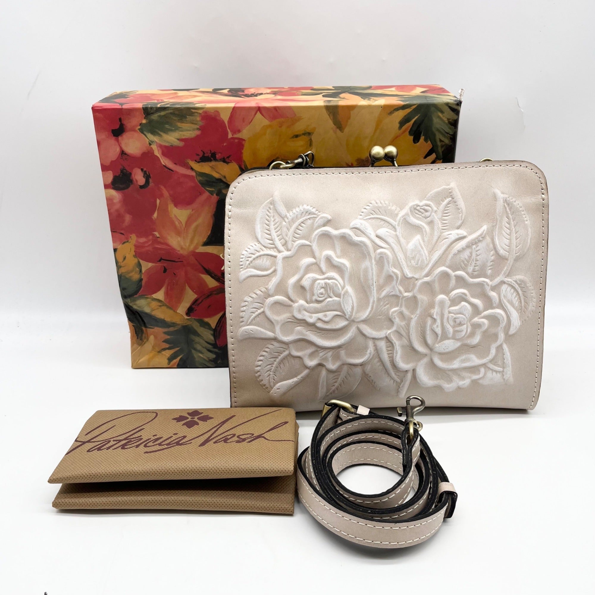 Patricia Nash Beige Leather Evangeline Floral Embossed Crossbody Bag