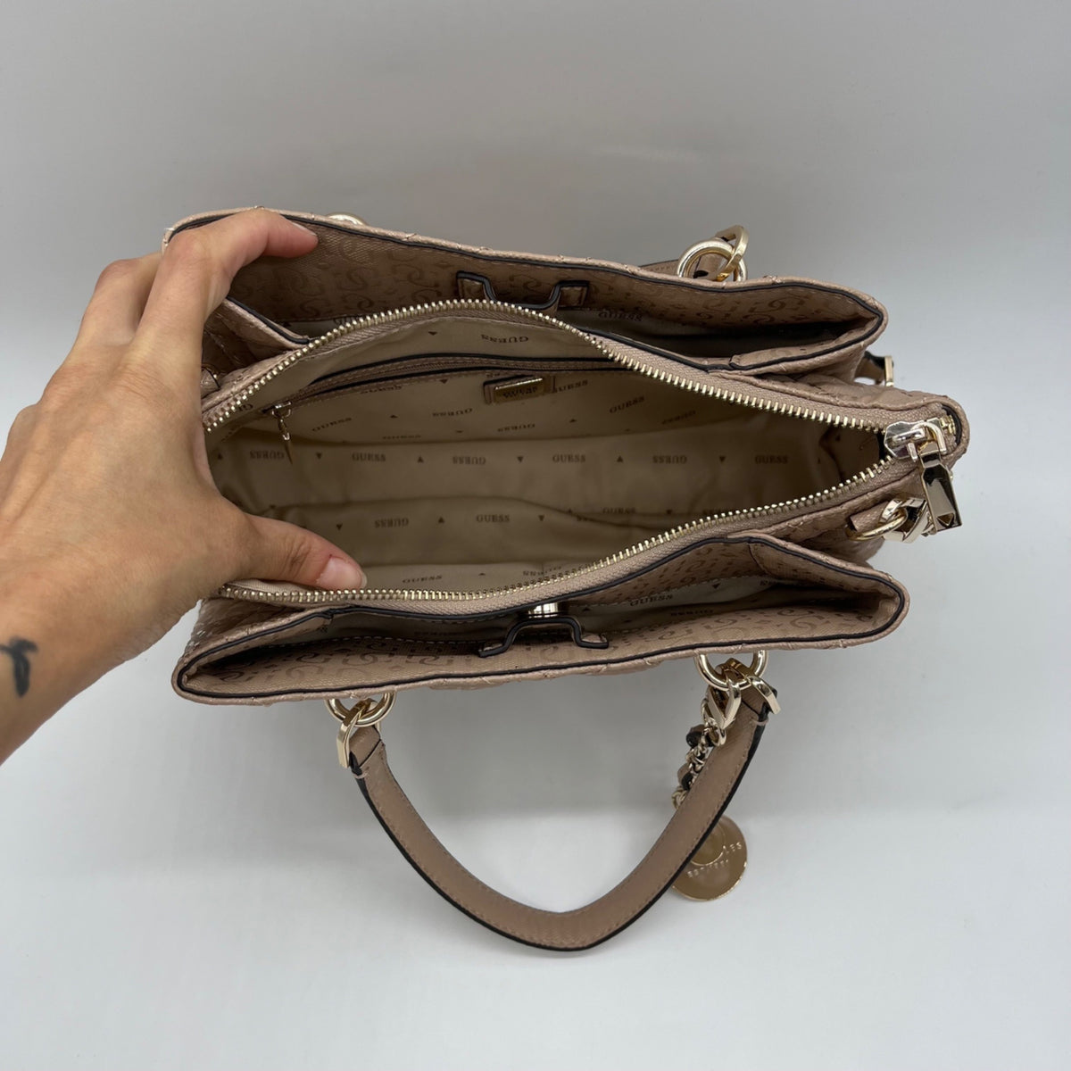 Guess Pale Mocha Signature Faux Leather Shoulder Satchel