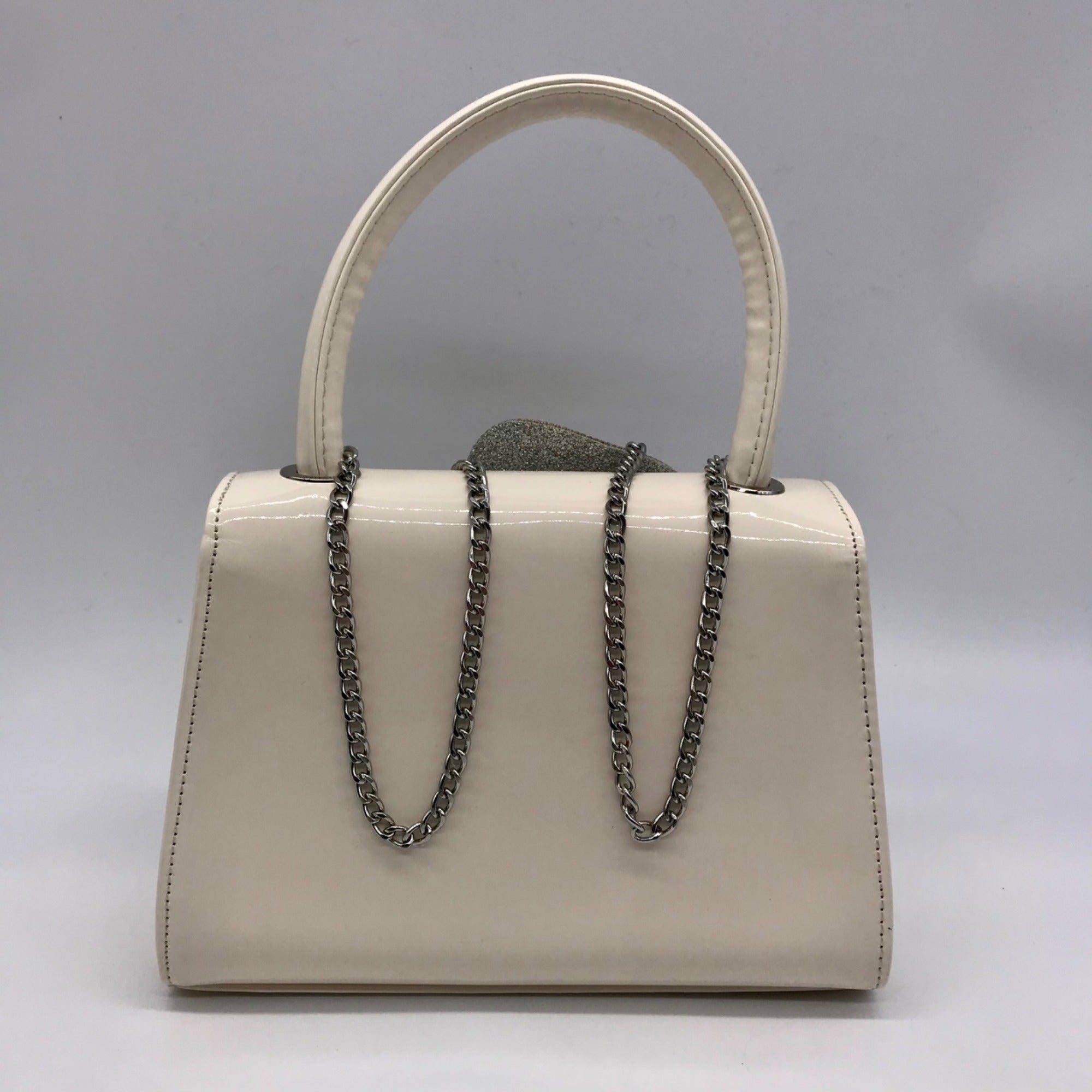 Nina Crystal Beige faux Leather Flower Embellished Patent Satchel Bag