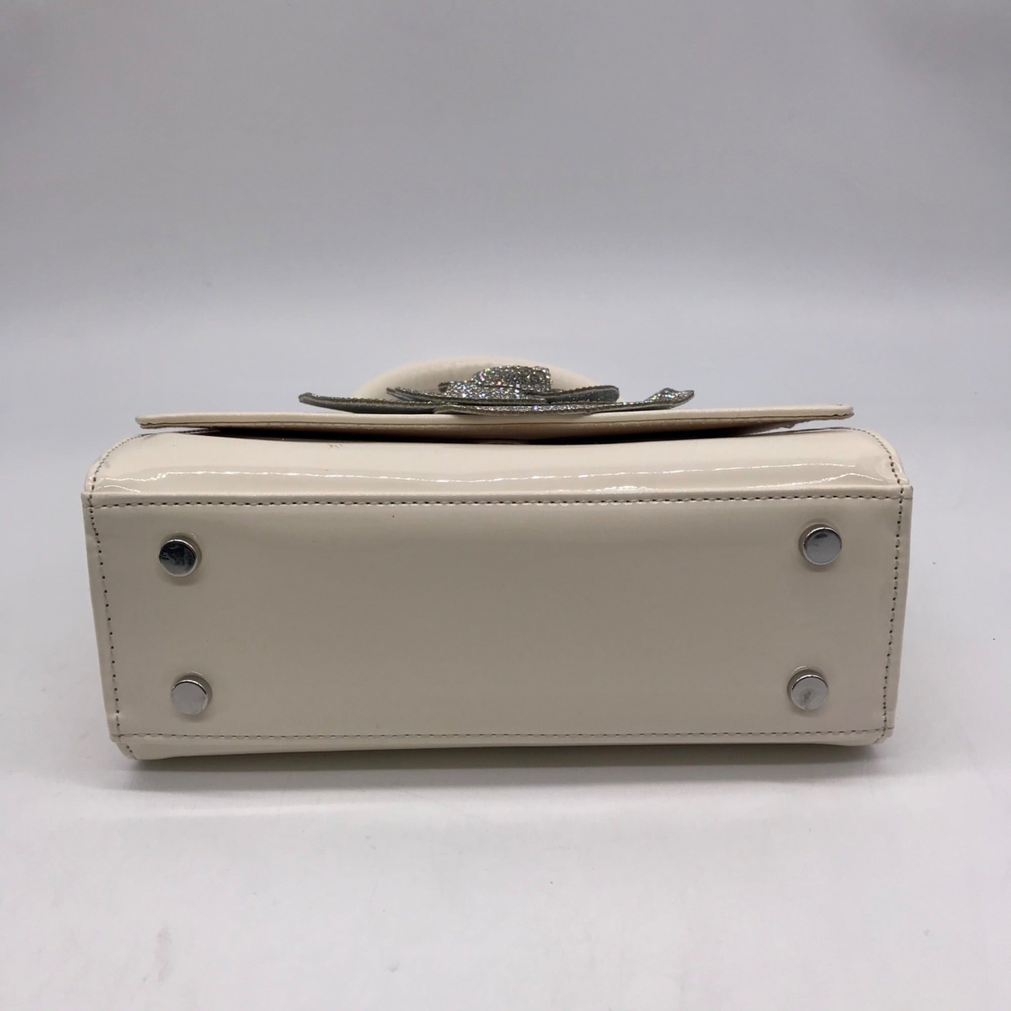 Nina Crystal Beige faux Leather Flower Embellished Patent Satchel Bag