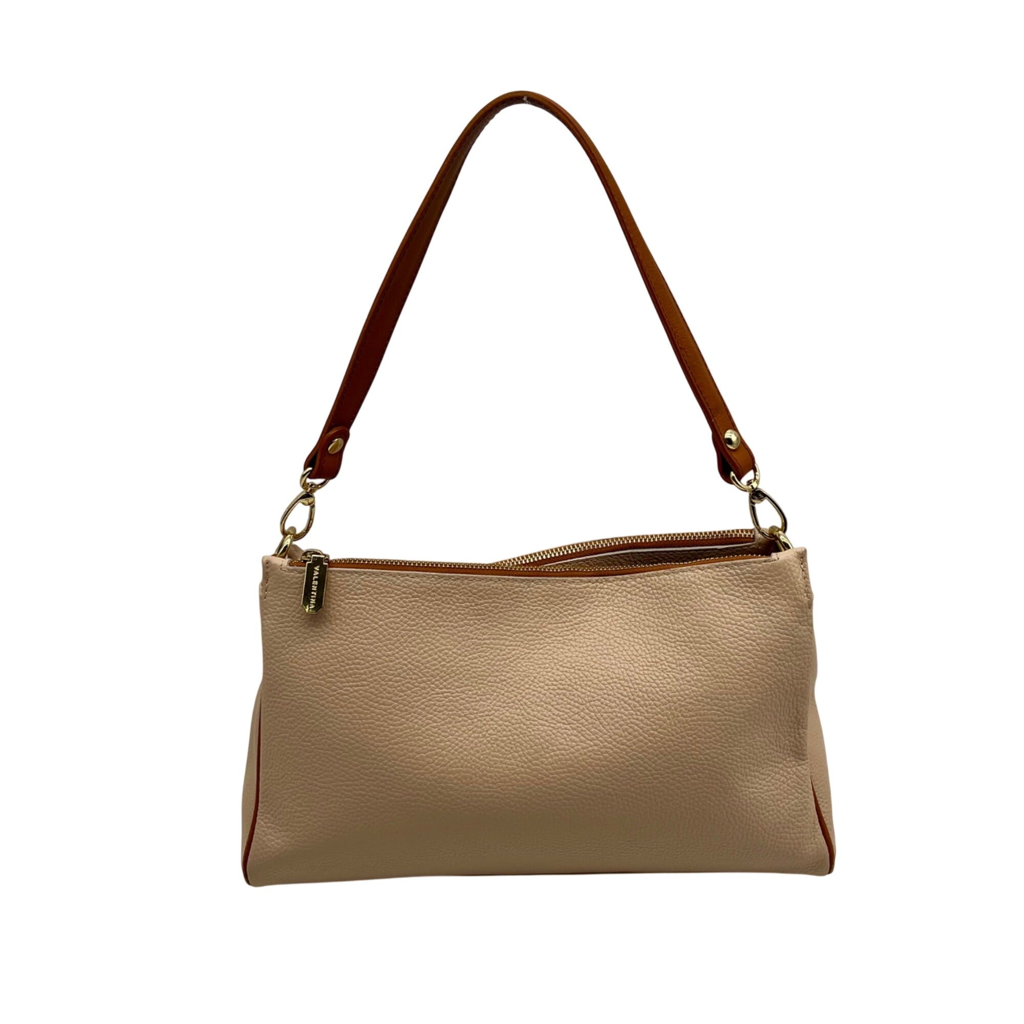 Valentina Beige Pebbled Leather Convertible Satchel Bag
