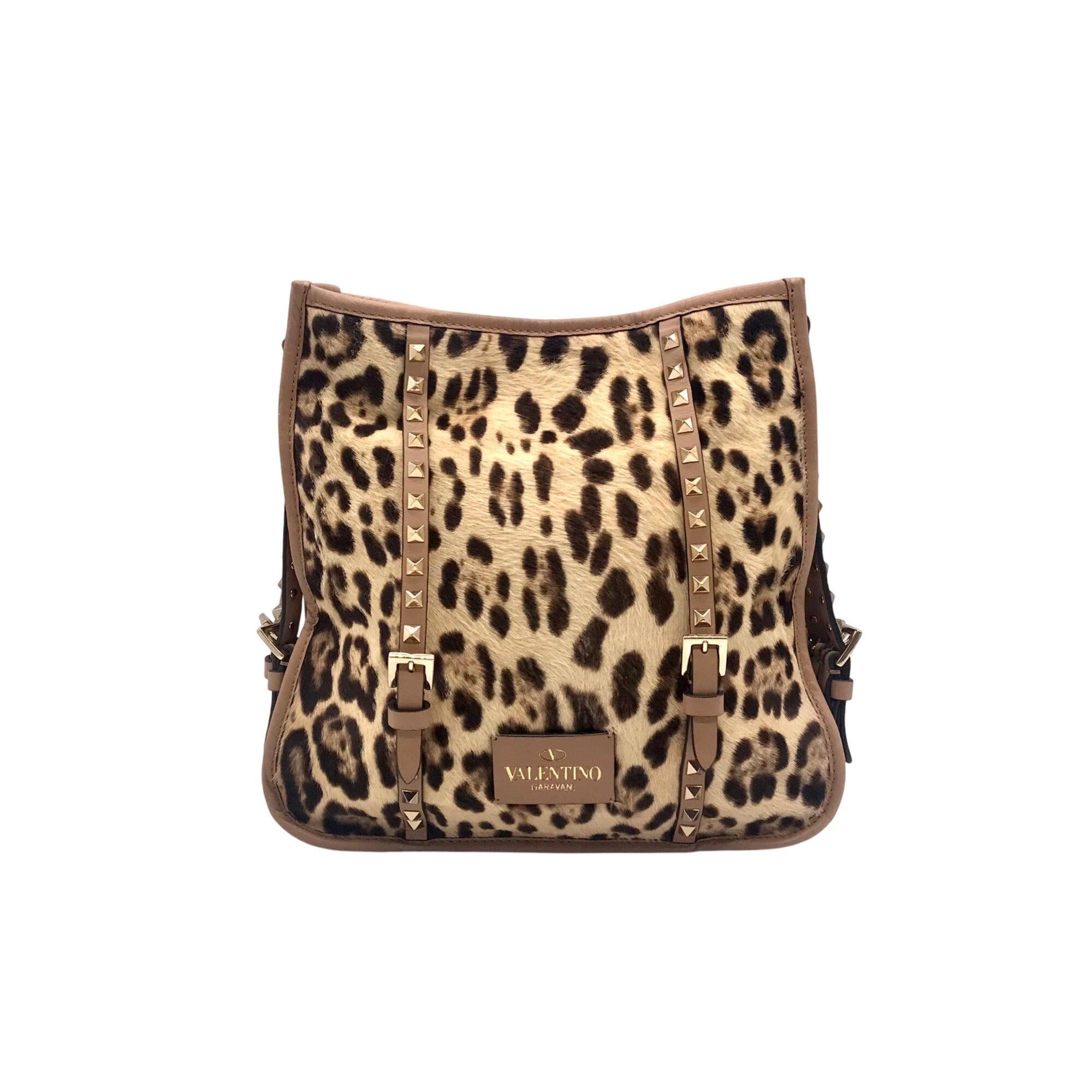Valentino Garavani Rockstud Leopard Shoulder Bag Leather Trim Studded