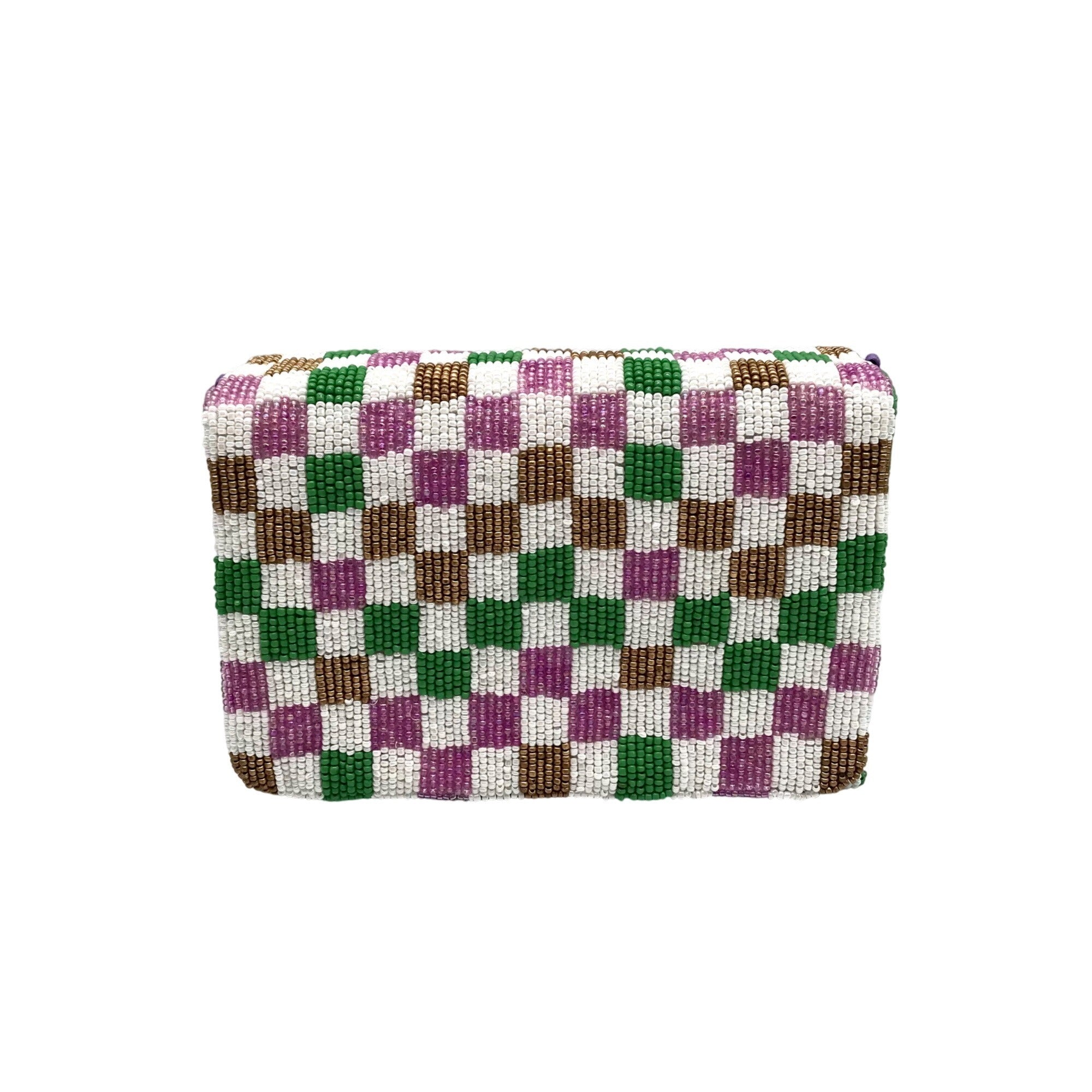 Moyna Purple Beaded Mardi Gras Checkered Crossbody Bag