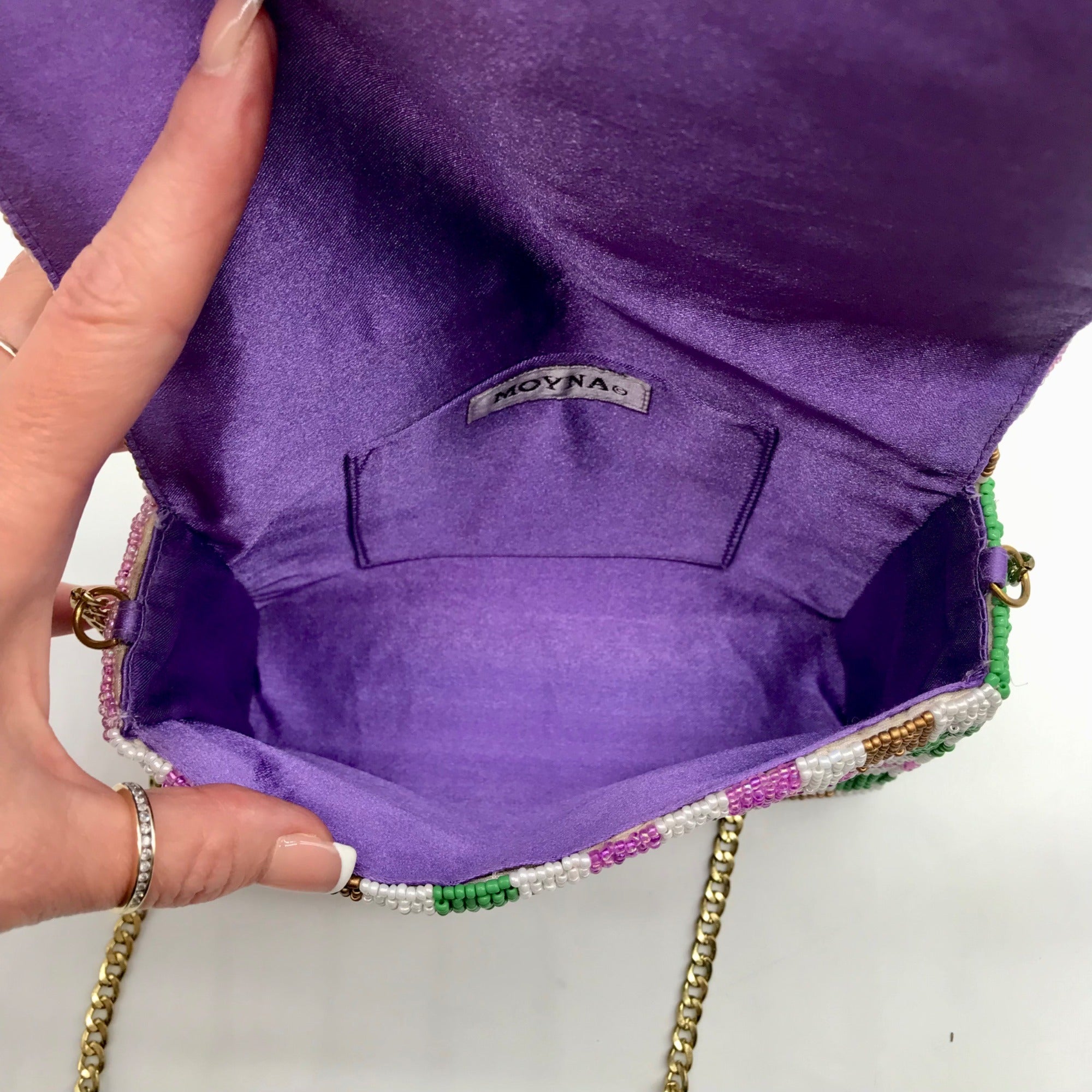 Moyna Purple Beaded Mardi Gras Checkered Crossbody Bag