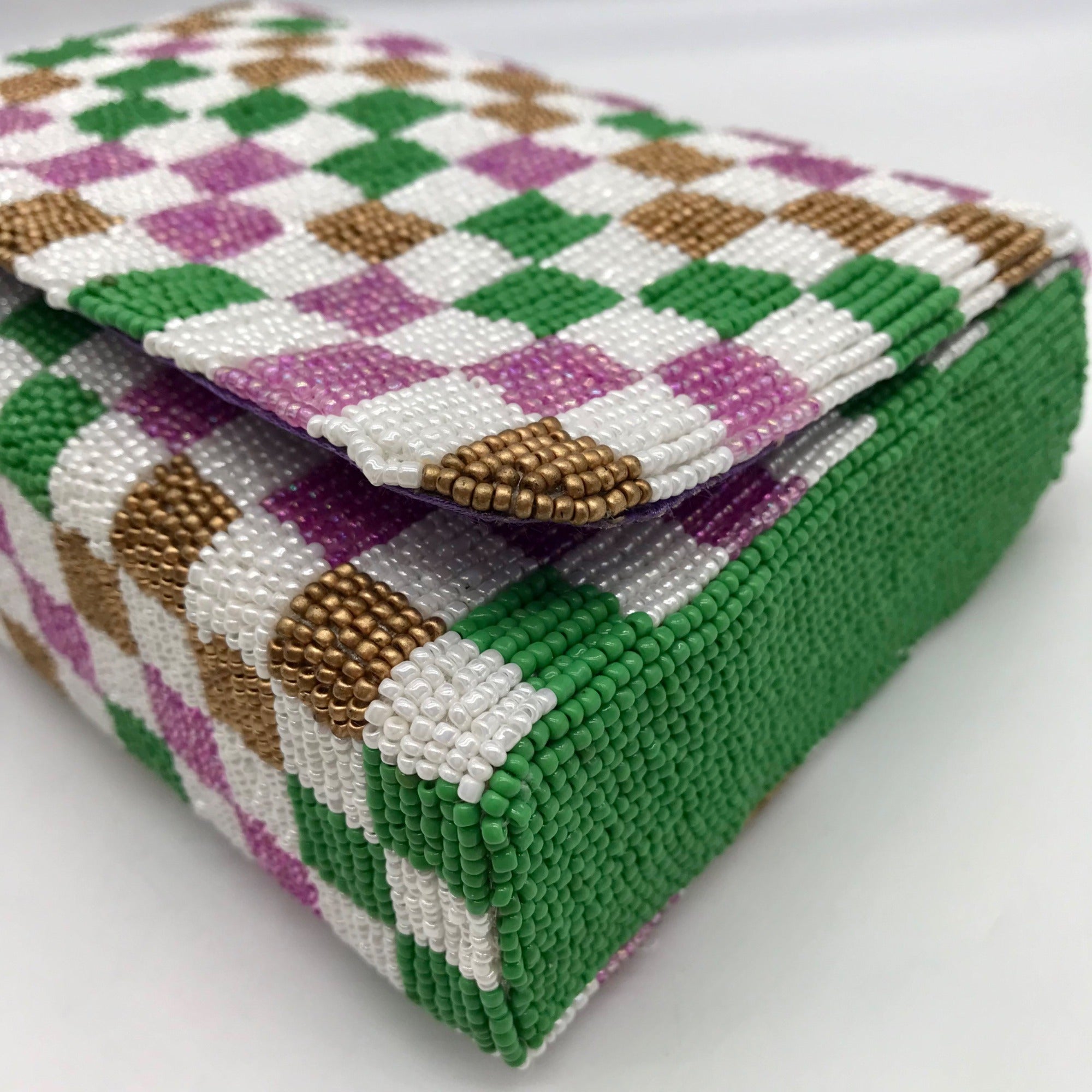 Moyna Purple Beaded Mardi Gras Checkered Crossbody Bag