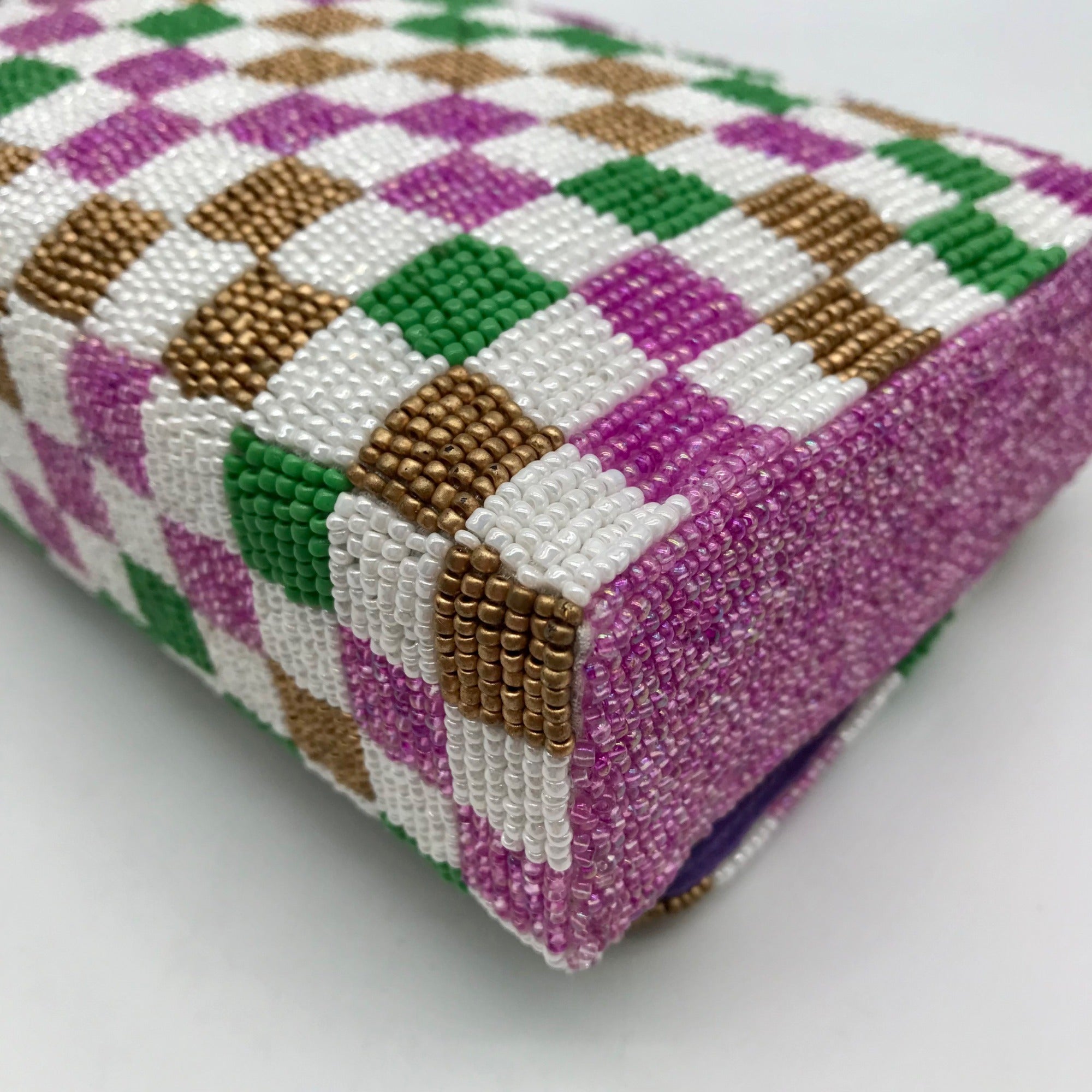 Moyna Purple Beaded Mardi Gras Checkered Crossbody Bag