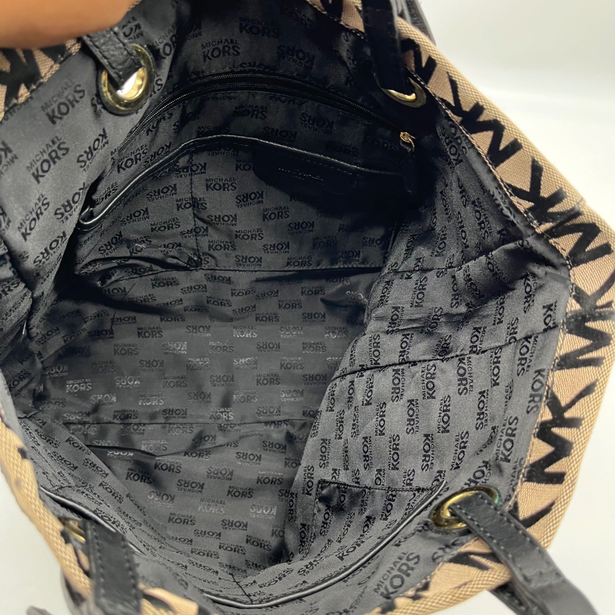 Michael Kors Khaki &amp; Black Logo Print Canvas Jet Set Tote Bag