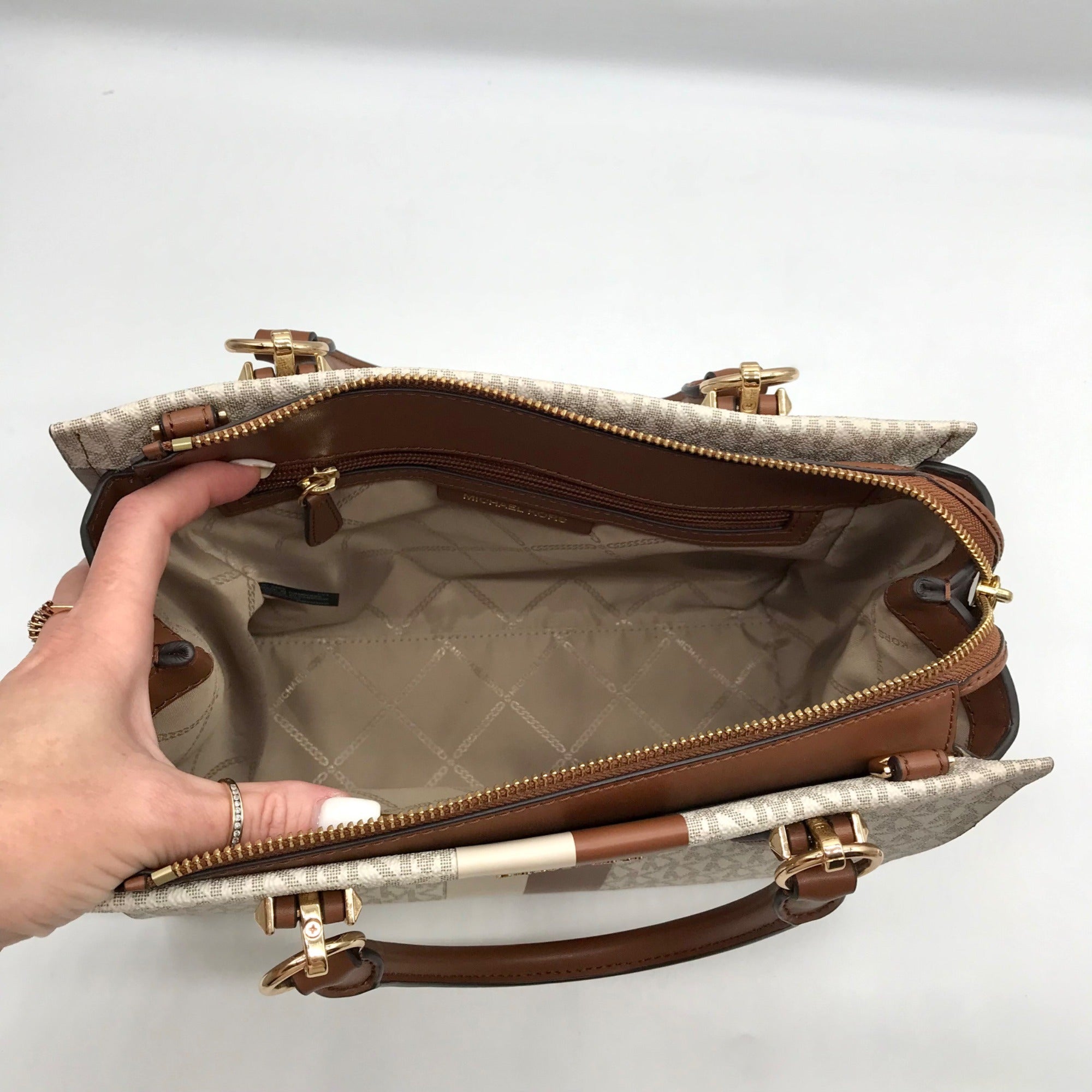 Michael Kors Vanilla/Luggage Coated Canvas Marilyn Convertible Satchel And Wallet