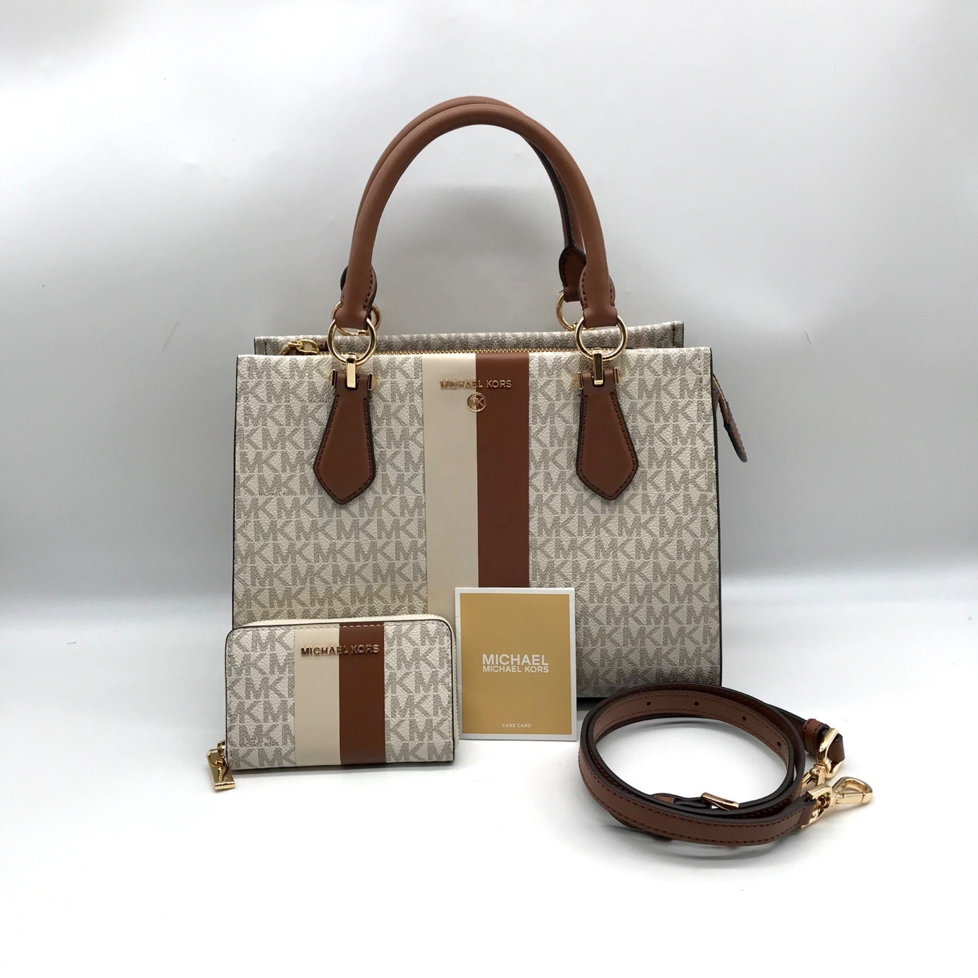 Michael Kors Vanilla/Luggage Coated Canvas Marilyn Convertible Satchel And Wallet