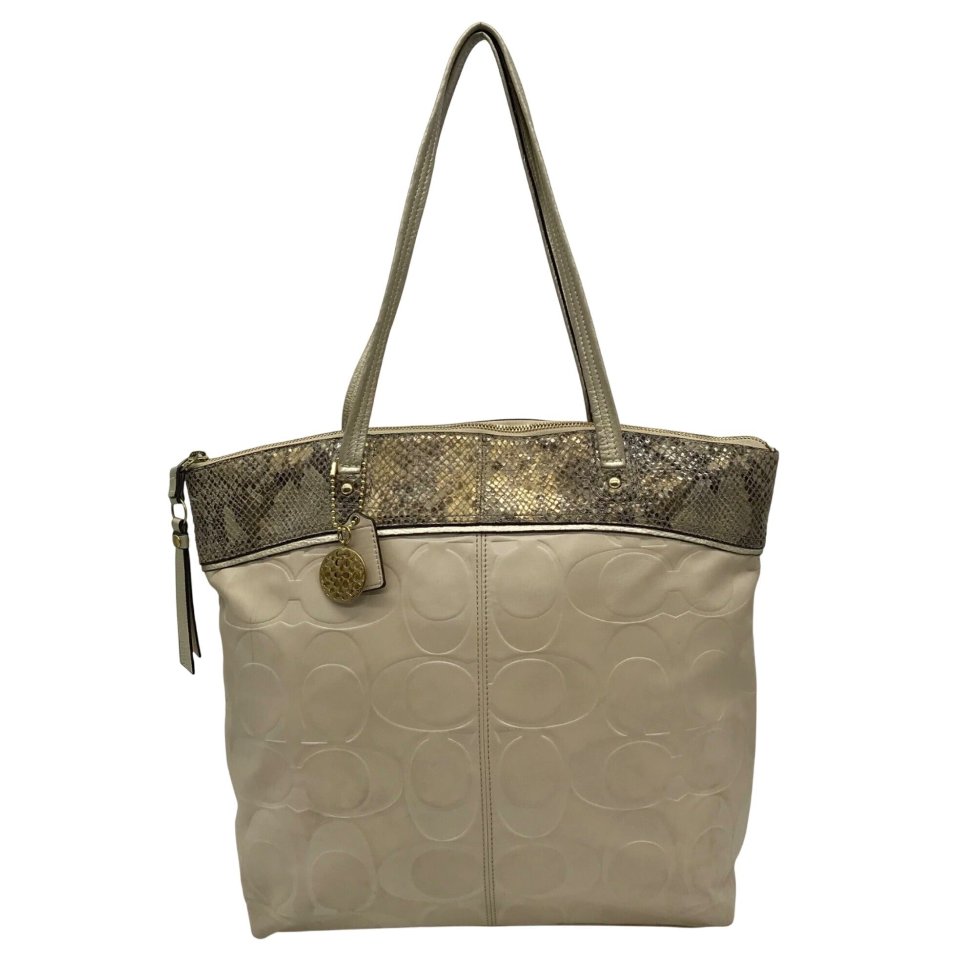 Coach Leather Snakeskin Emboss Beige Large Tote - F19696