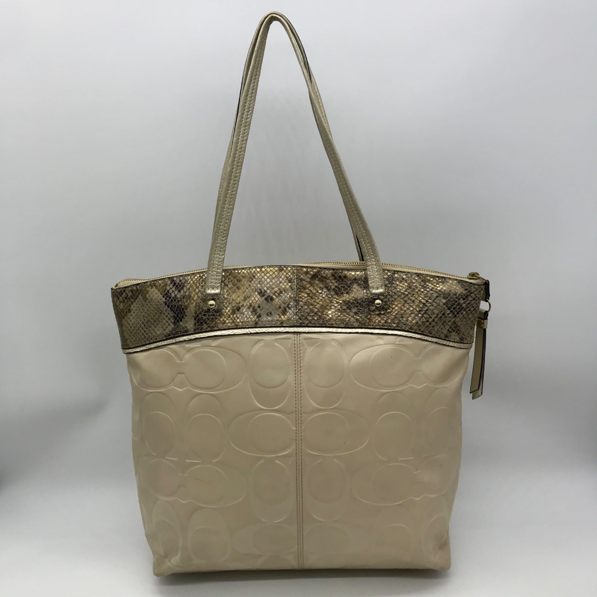 Coach Leather Snakeskin Emboss Beige Large Tote - F19696