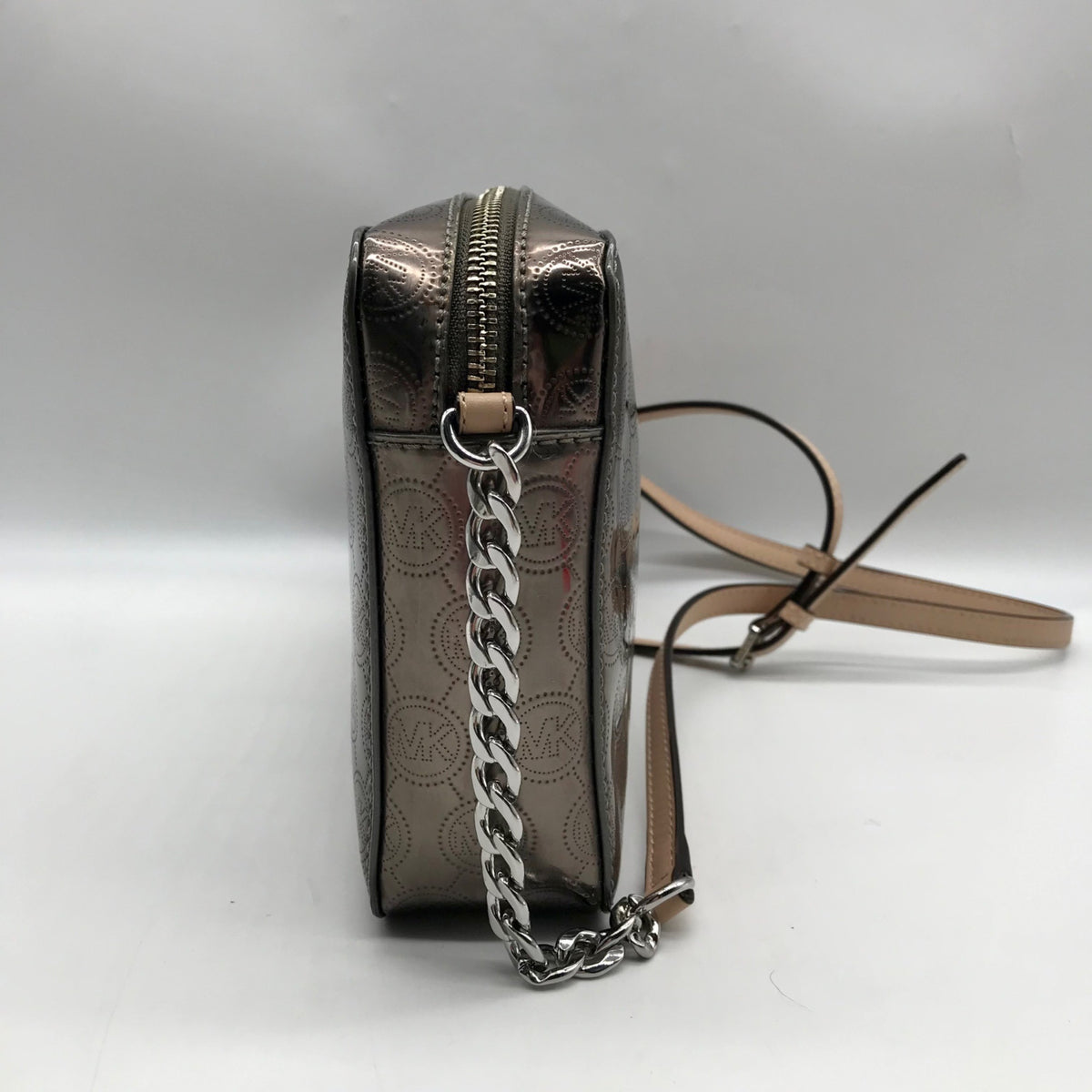 Michael Kors Metallic Gray Monogram Patent Leather Jet Set Crossbody