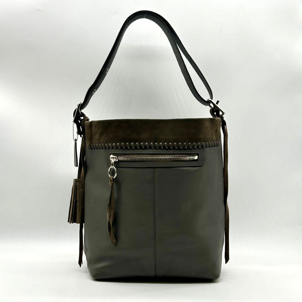 Coach Grey Leather And Suede Fringe Shoulder Bag