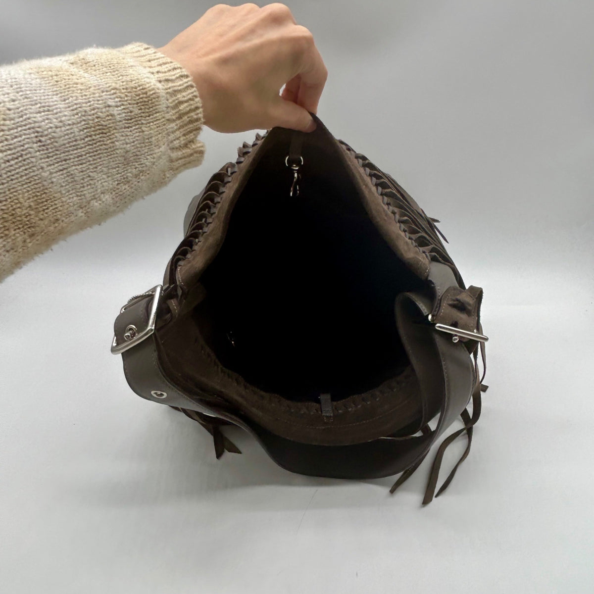 Coach Grey Leather And Suede Fringe Shoulder Bag