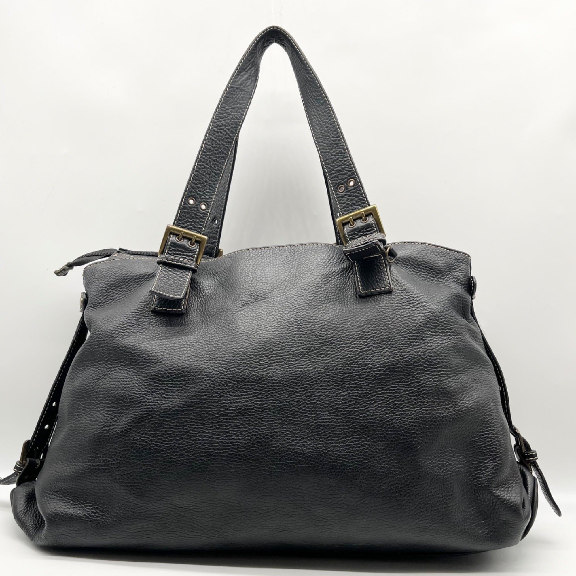 Pulicati Black Pebbled Leather Convertible Satchel Bag