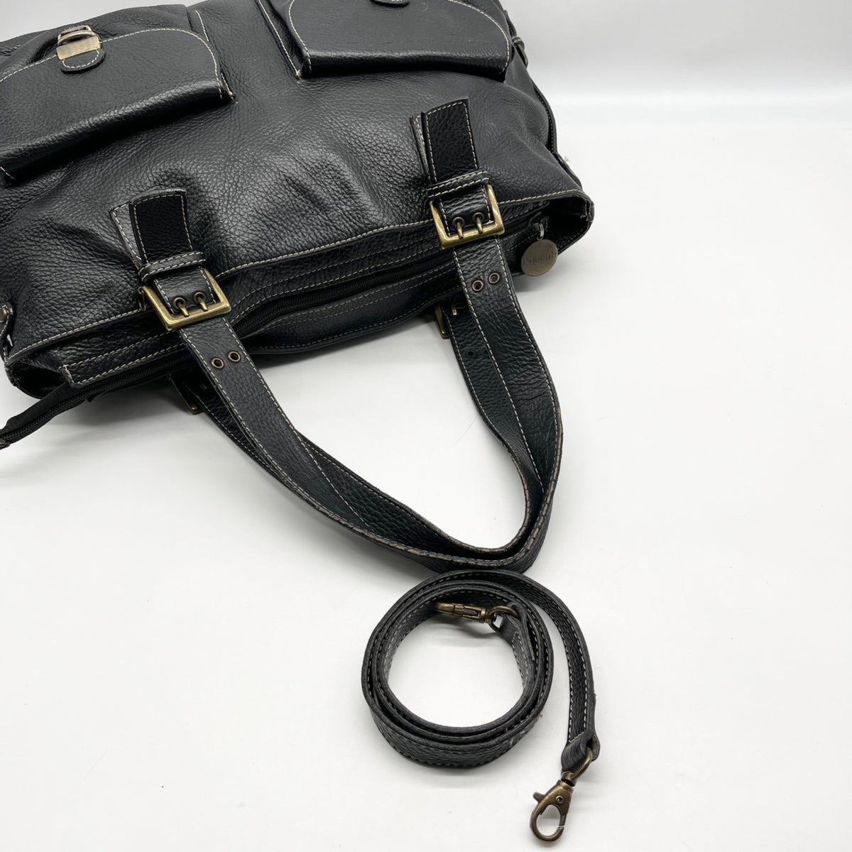 Pulicati Black Pebbled Leather Convertible Satchel Bag