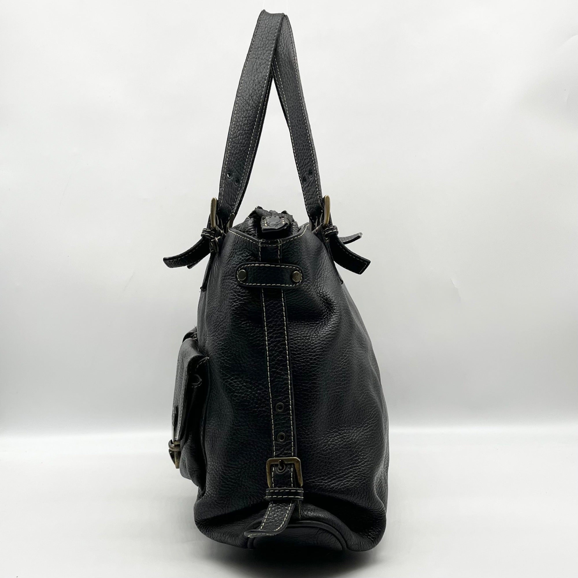 Pulicati Black Pebbled Leather Convertible Satchel Bag
