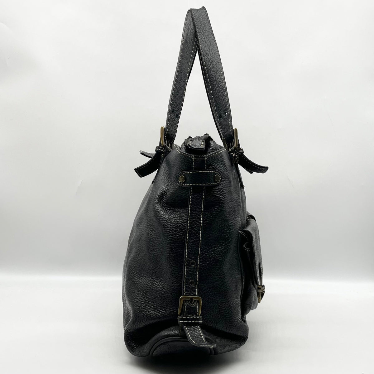 Pulicati Black Pebbled Leather Convertible Satchel Bag